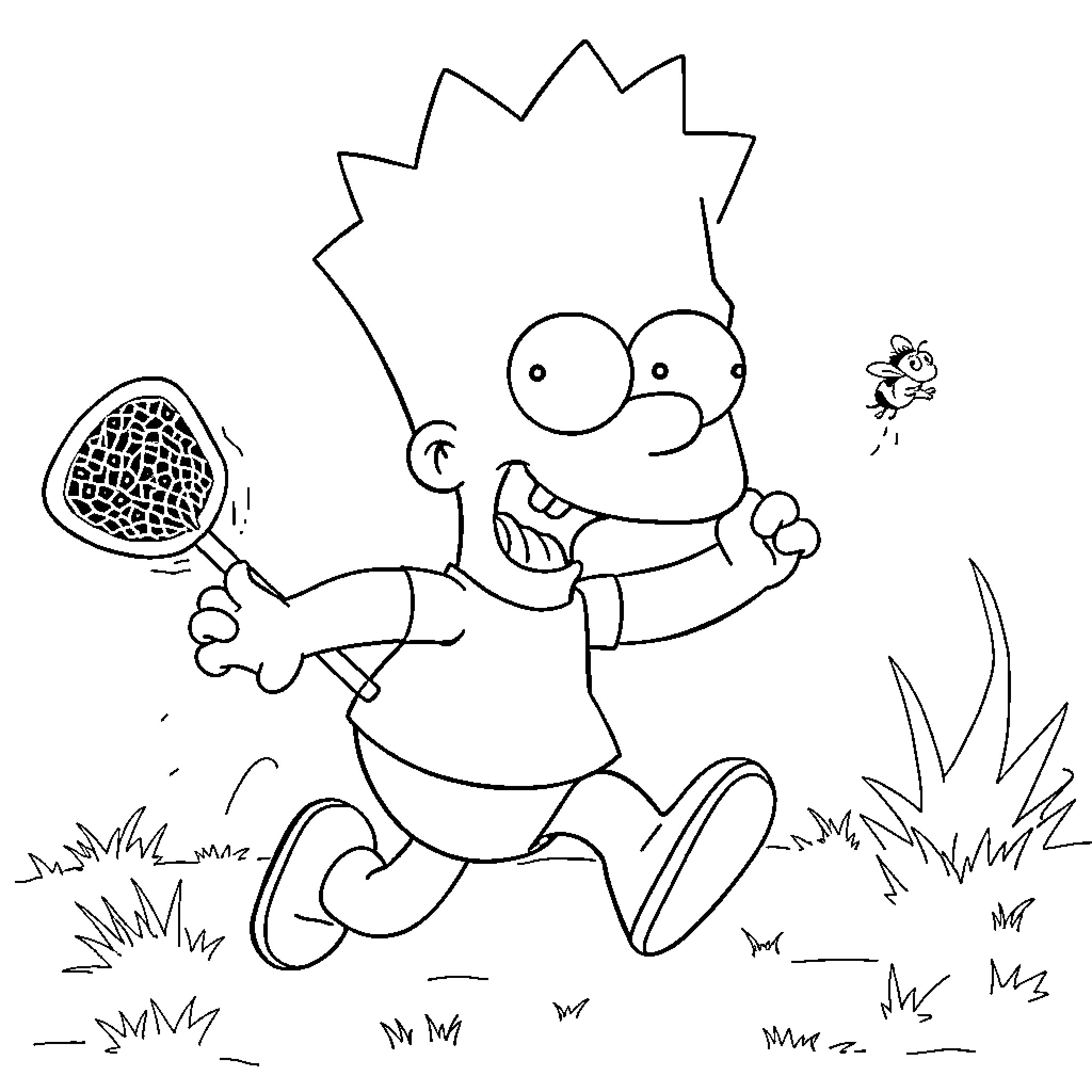 Bart Simpson chasing a butterfly with a net Coloring Page (free black-and-white line drawing printable PDF for all, from beginners to advanced learners, including children, teens, adults, and seniors)