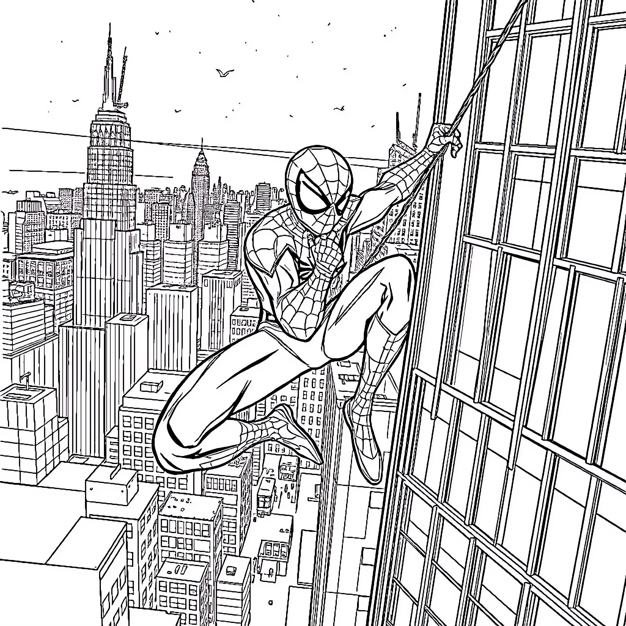 Spiderman swinging through the cityscape Coloring Page (free black-and-white line drawing printable PDF for all, from beginners to advanced learners, including children, teens, adults, and seniors)