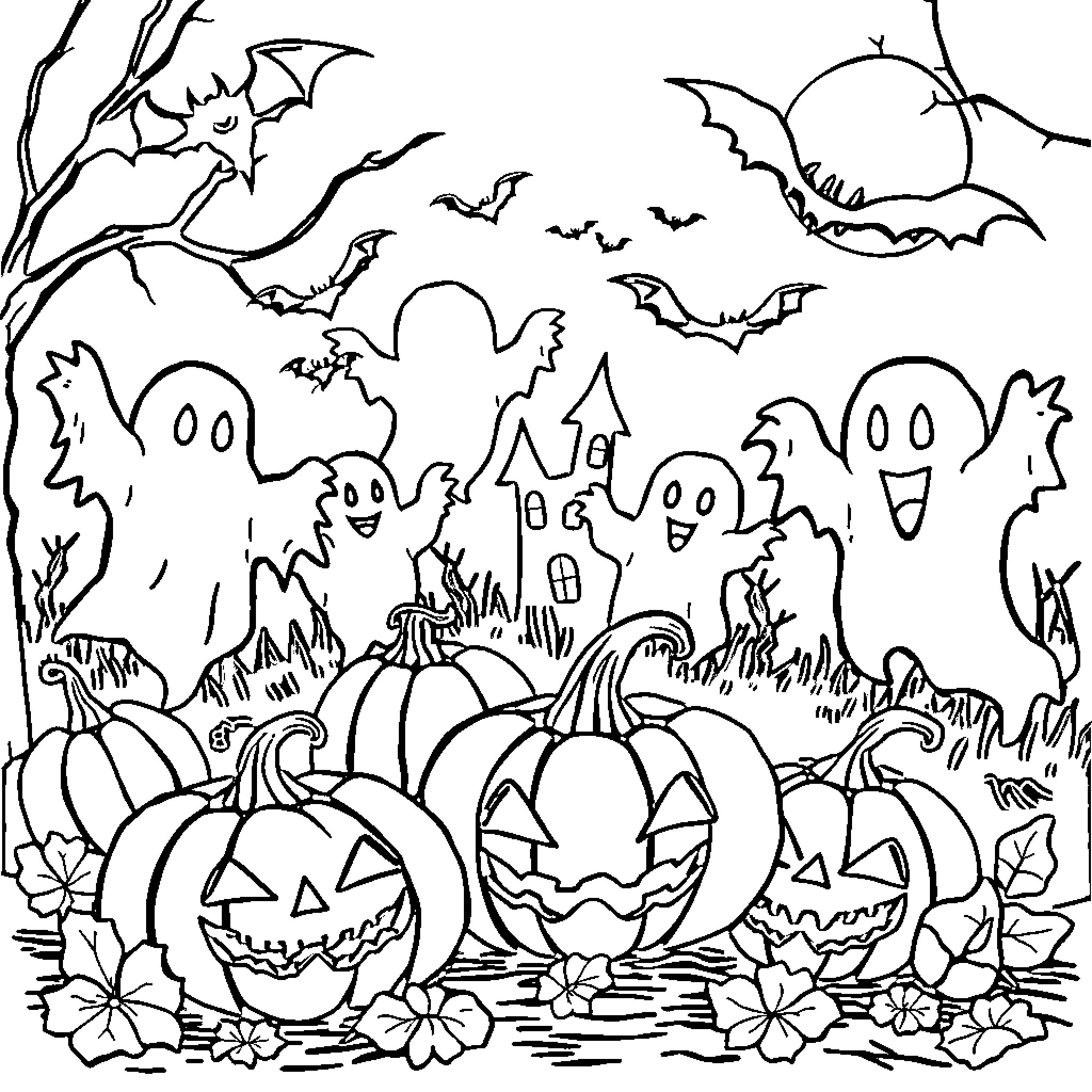 Halloween spooky scene with pumpkins and ghosts Coloring Page (free black-and-white line drawing printable PDF for all, from beginners to advanced learners, including children, teens, adults, and seniors)