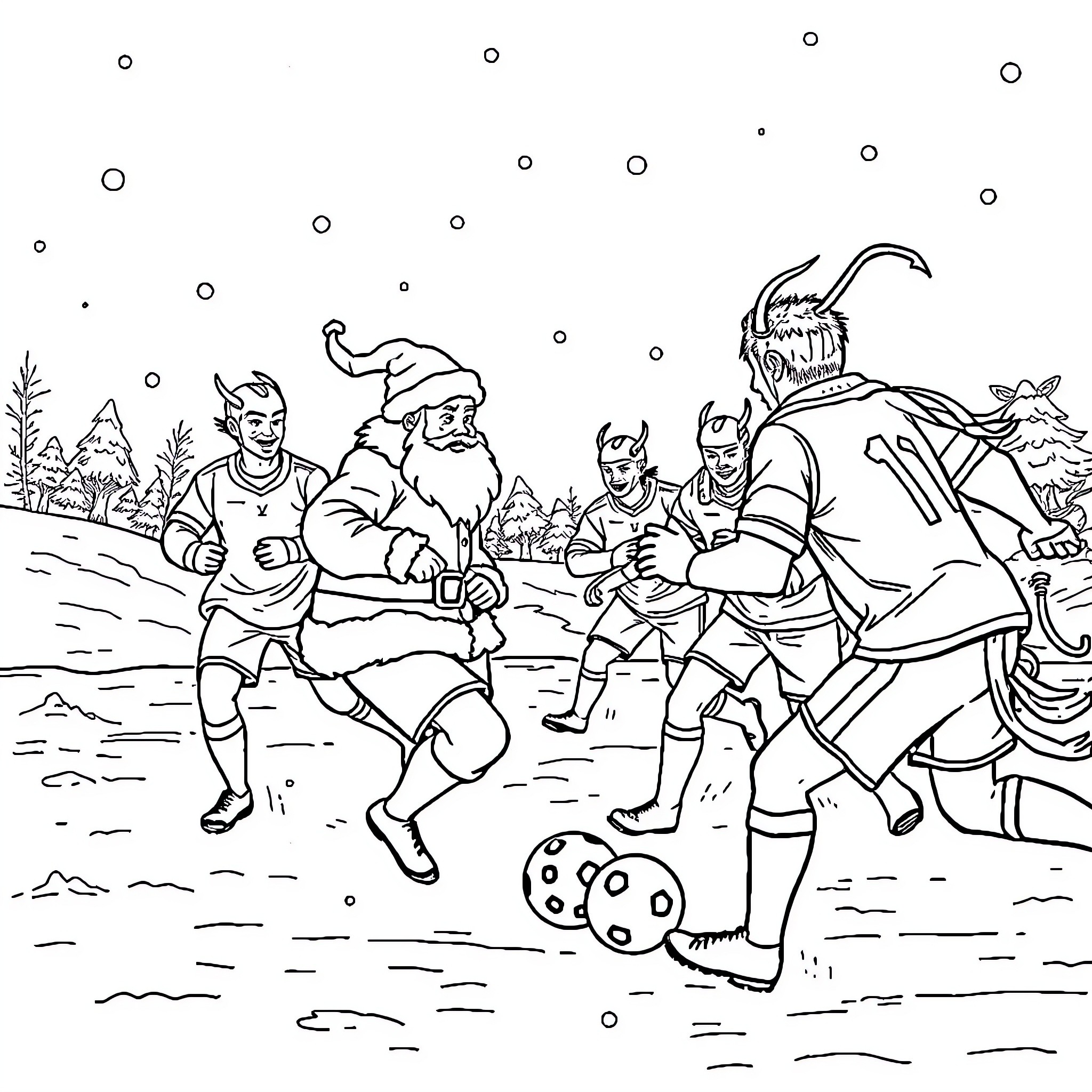 Santa Claus playing football with elves in the snow Coloring Page (free black-and-white line drawing printable PDF for all, from beginners to advanced learners, including children, teens, adults, and seniors)