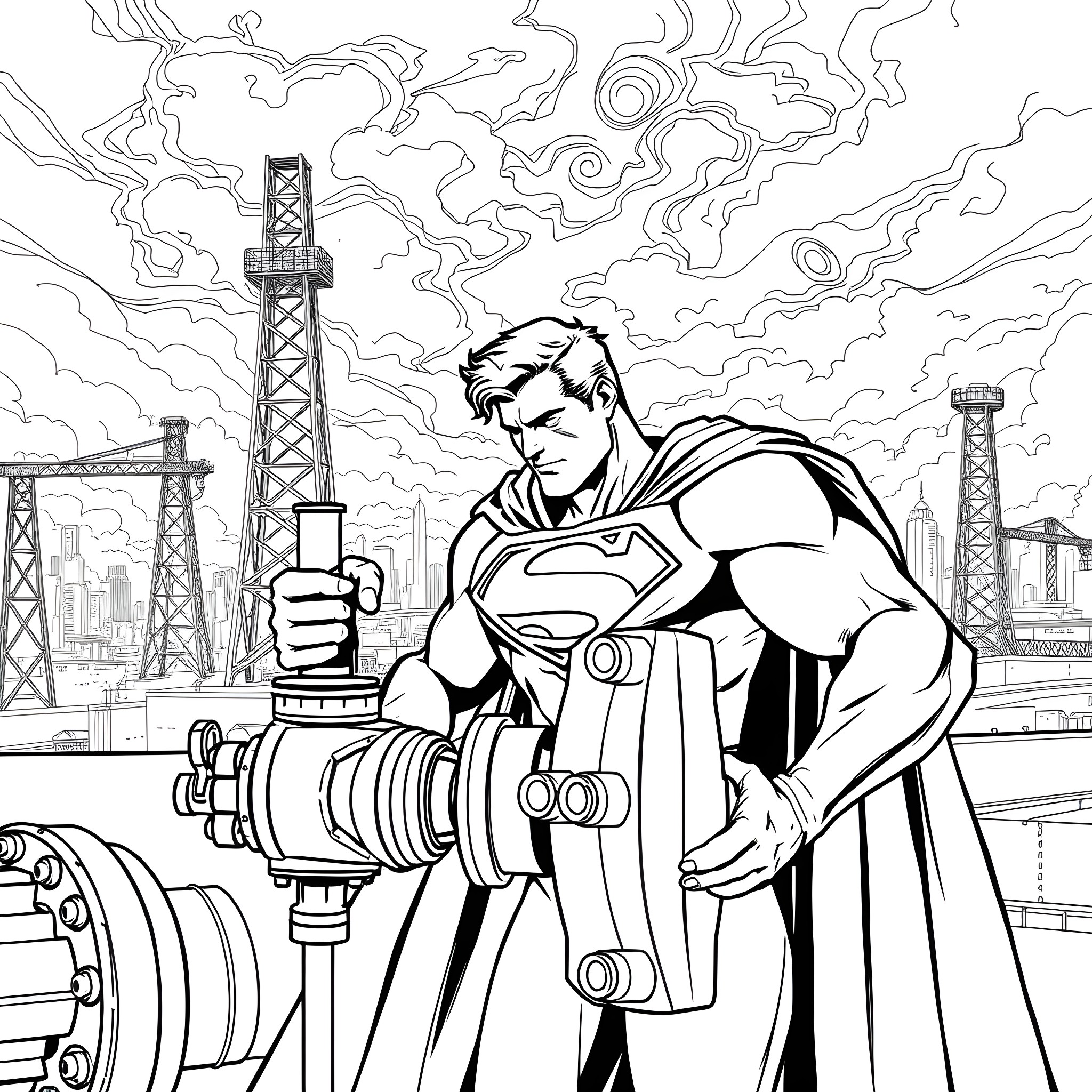 Superman fixing a mechanical device in a city Coloring Page (free black-and-white line drawing printable PDF for all, from beginners to advanced learners, including children, teens, adults, and seniors)