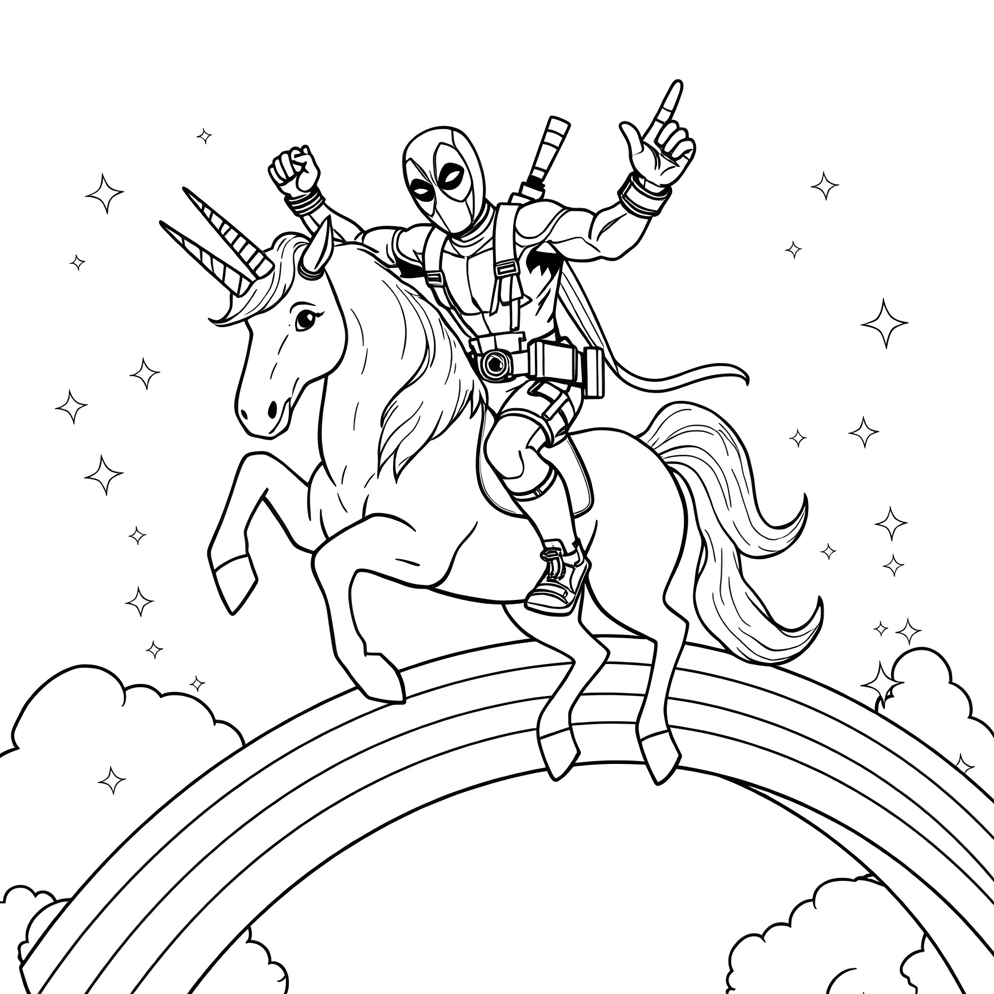 Deadpool's Fantastic Unicorn Adventure Coloring Page (free black-and-white line drawing printable PDF for all, from beginners to advanced learners, including children, teens, adults, and seniors)