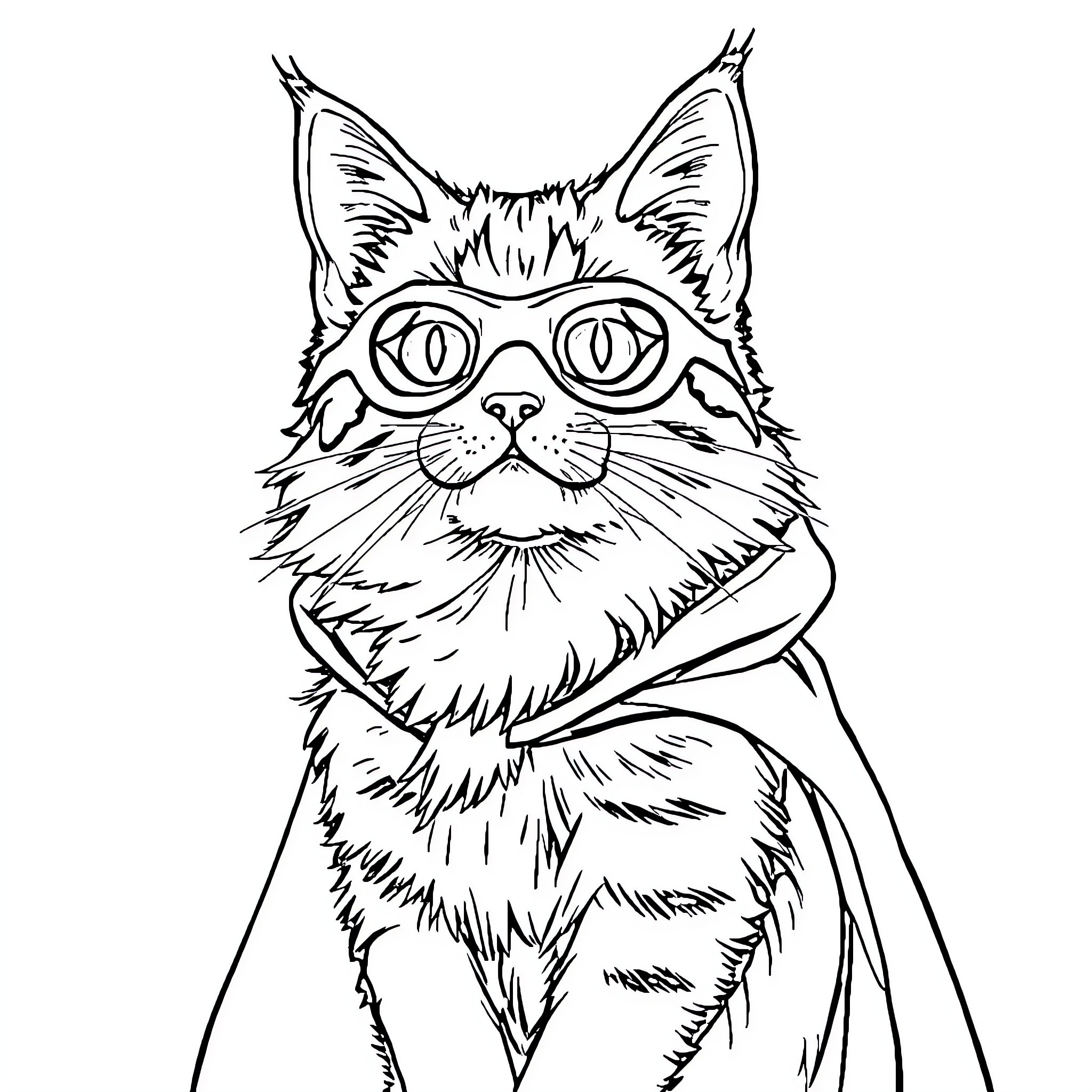 Cat wearing quirky eyeglasses Coloring Page (free black-and-white line drawing printable PDF for all, from beginners to advanced learners, including children, teens, adults, and seniors)