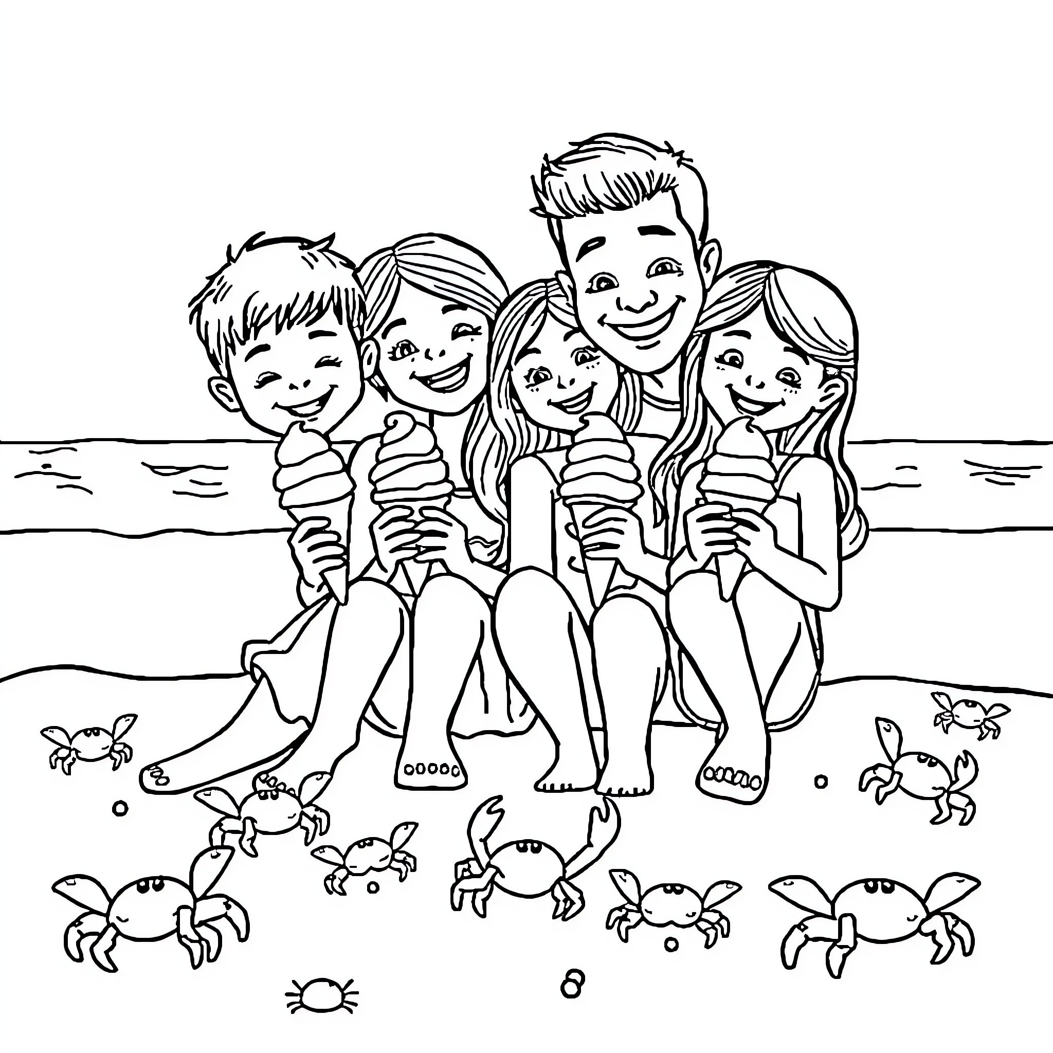 Family Enjoying a Day at the Beach Coloring Page (free black-and-white line drawing printable PDF for all, from beginners to advanced learners, including children, teens, adults, and seniors)
