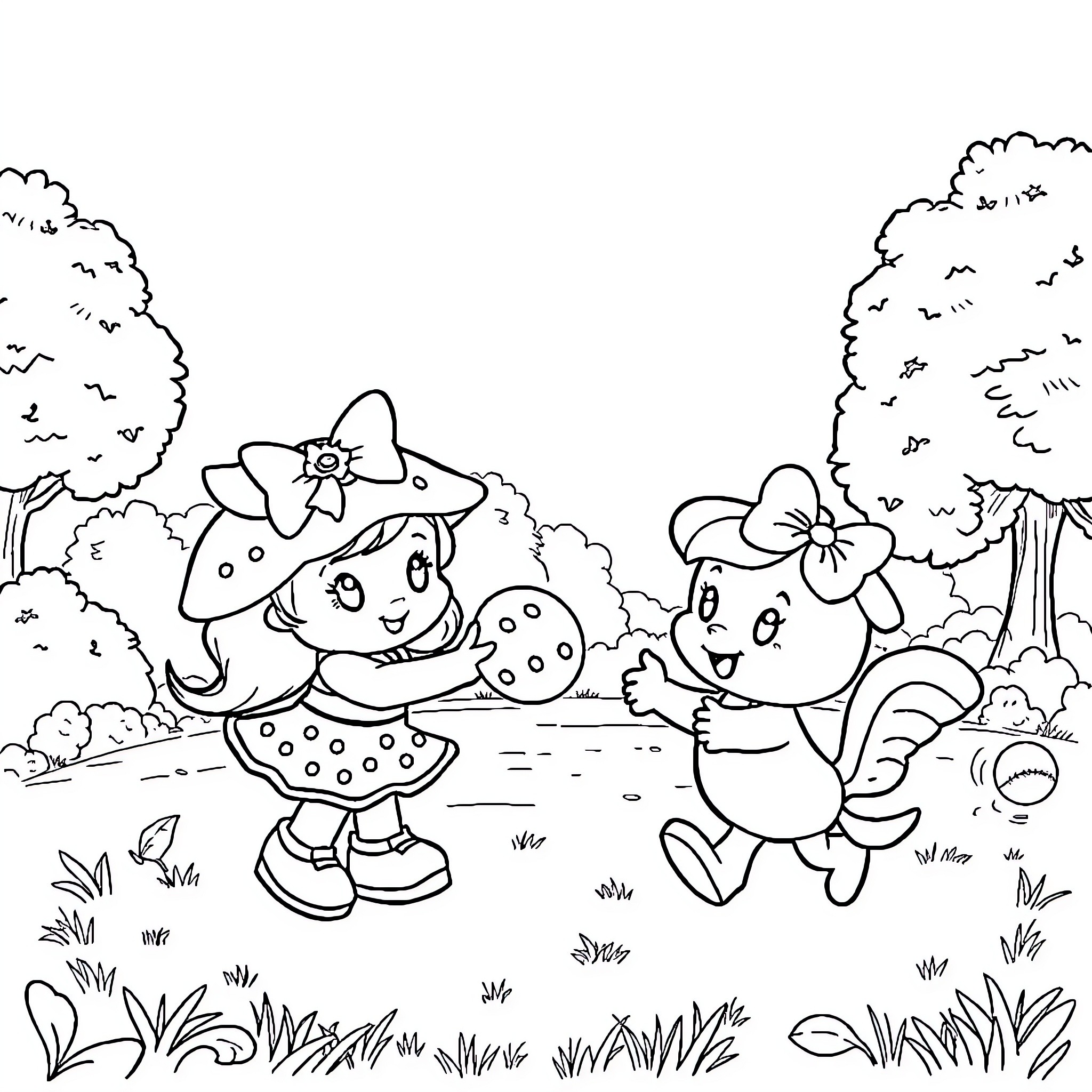 Strawberry Shortcake playing with friends in the park Coloring Page (free black-and-white line drawing printable PDF for all, from beginners to advanced learners, including children, teens, adults, and seniors)