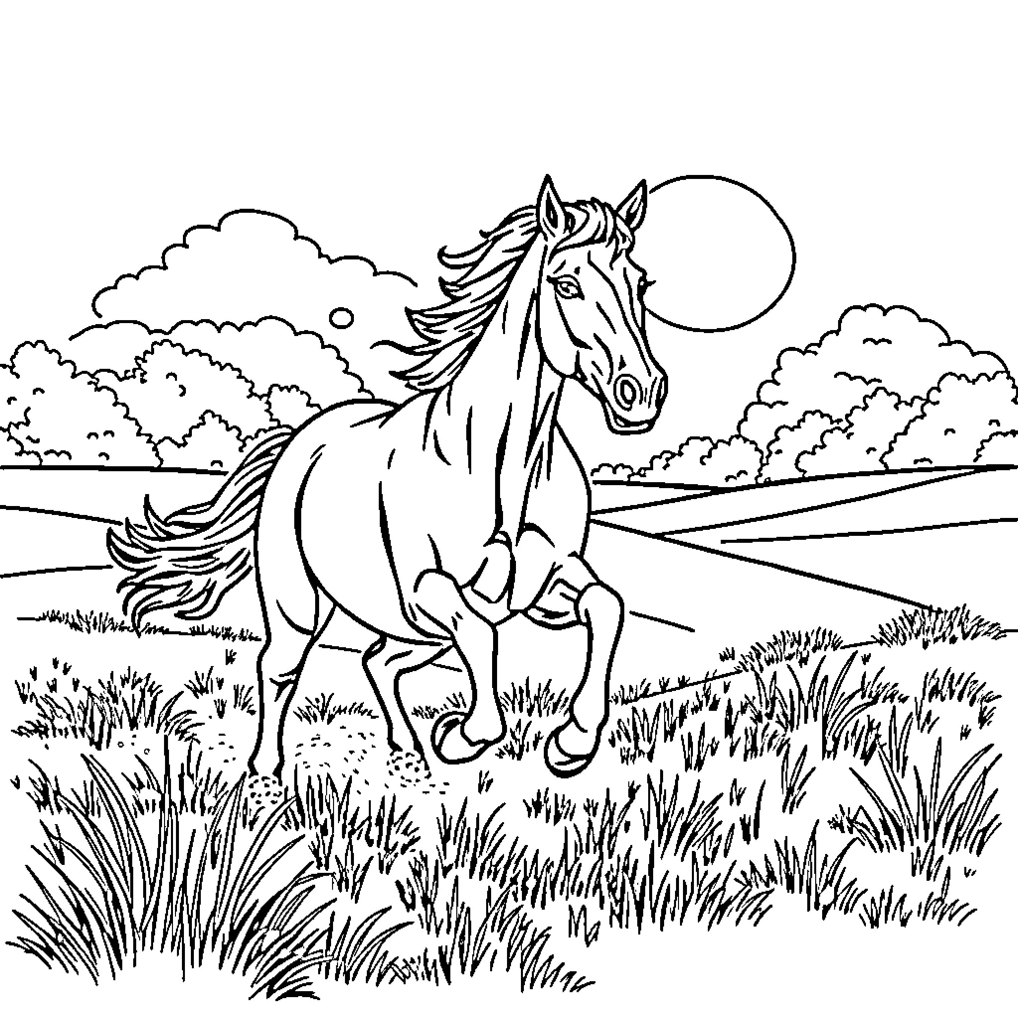 Horse galloping freely in the countryside Coloring Page (free black-and-white line drawing printable PDF for all, from beginners to advanced learners, including children, teens, adults, and seniors)