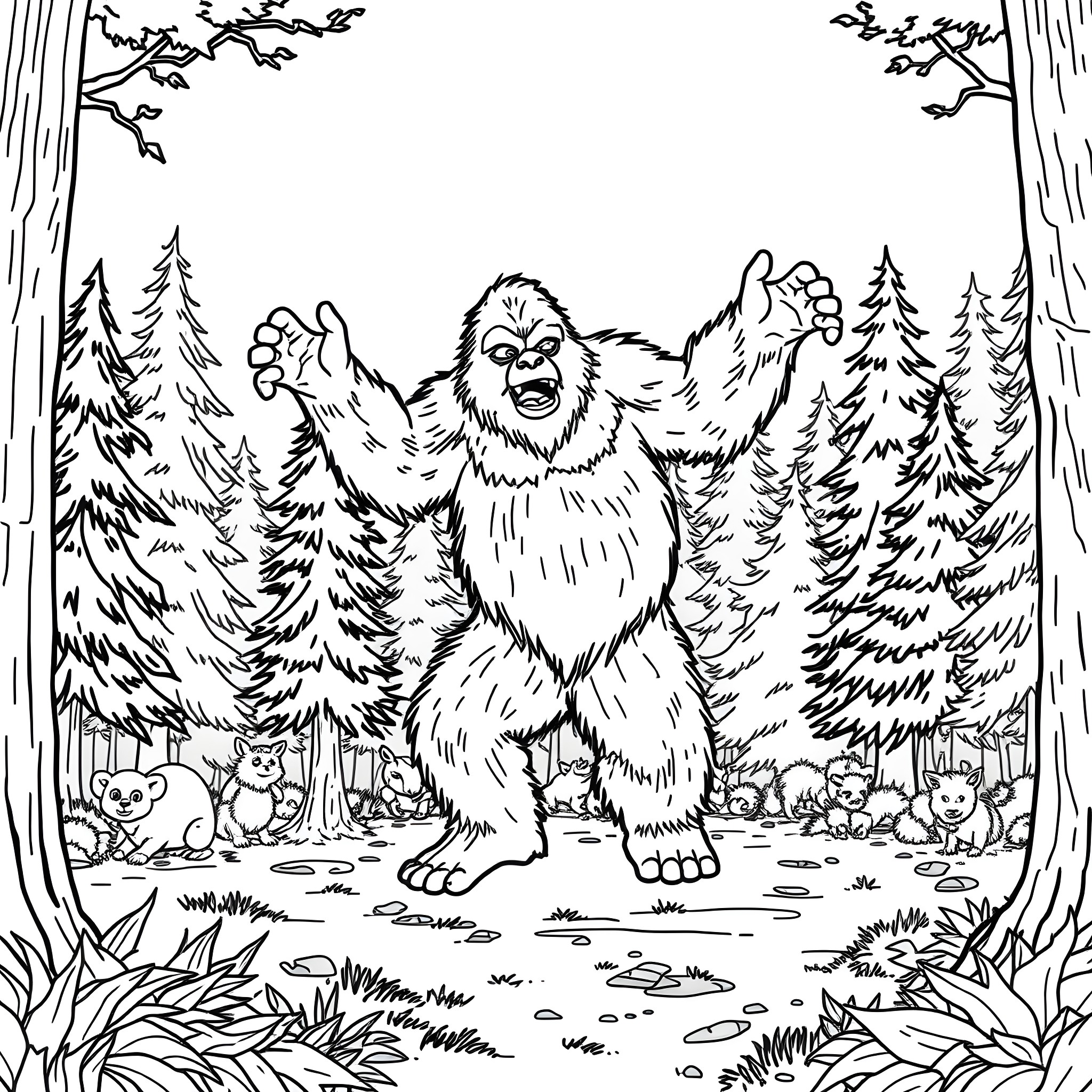Sasquatch roaring in the forest Coloring Page (free black-and-white line drawing printable PDF for all, from beginners to advanced learners, including children, teens, adults, and seniors)