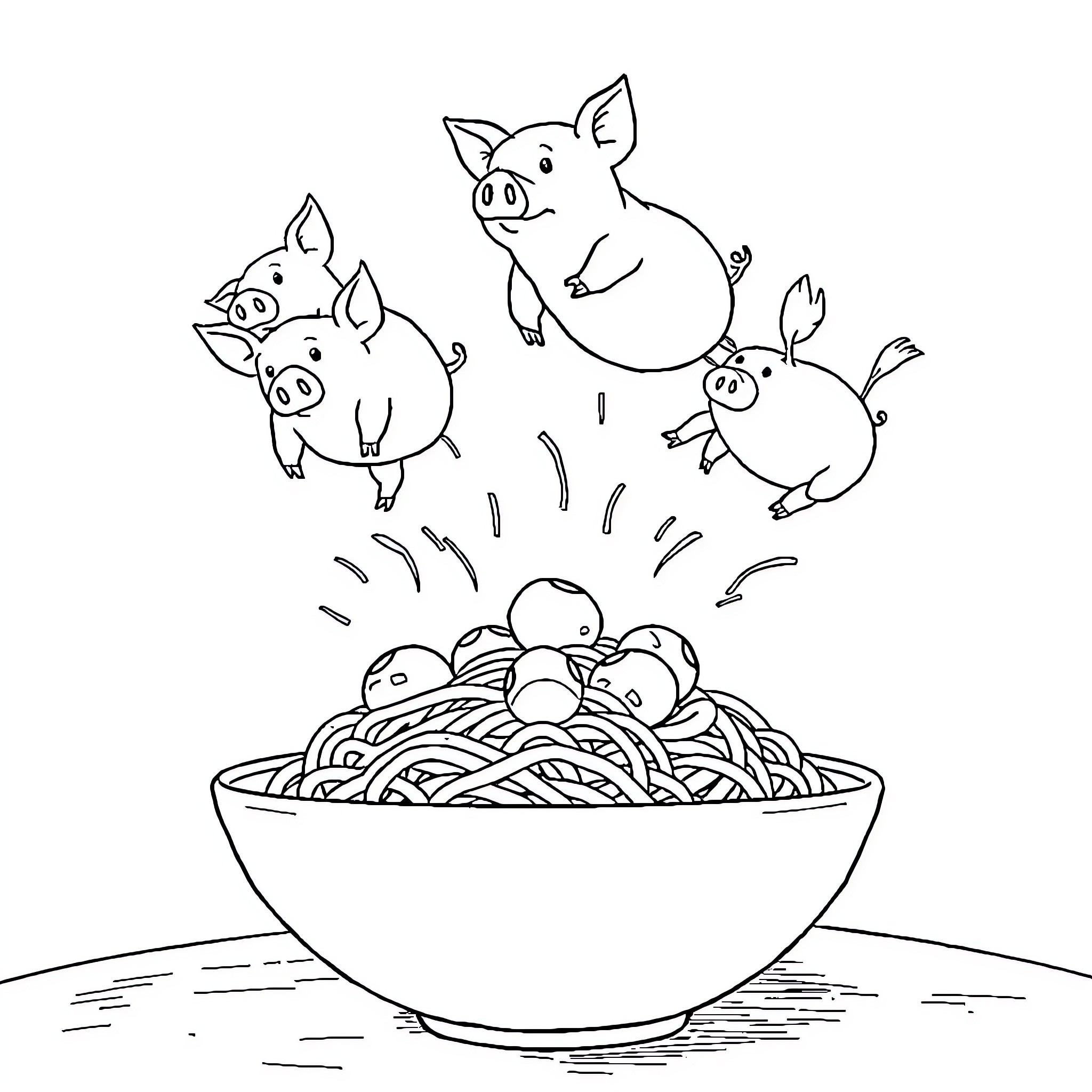 Flying Pigs Jumping Over Spaghetti Bowl Coloring Page (free black-and-white line drawing printable PDF for all, from beginners to advanced learners, including children, teens, adults, and seniors)