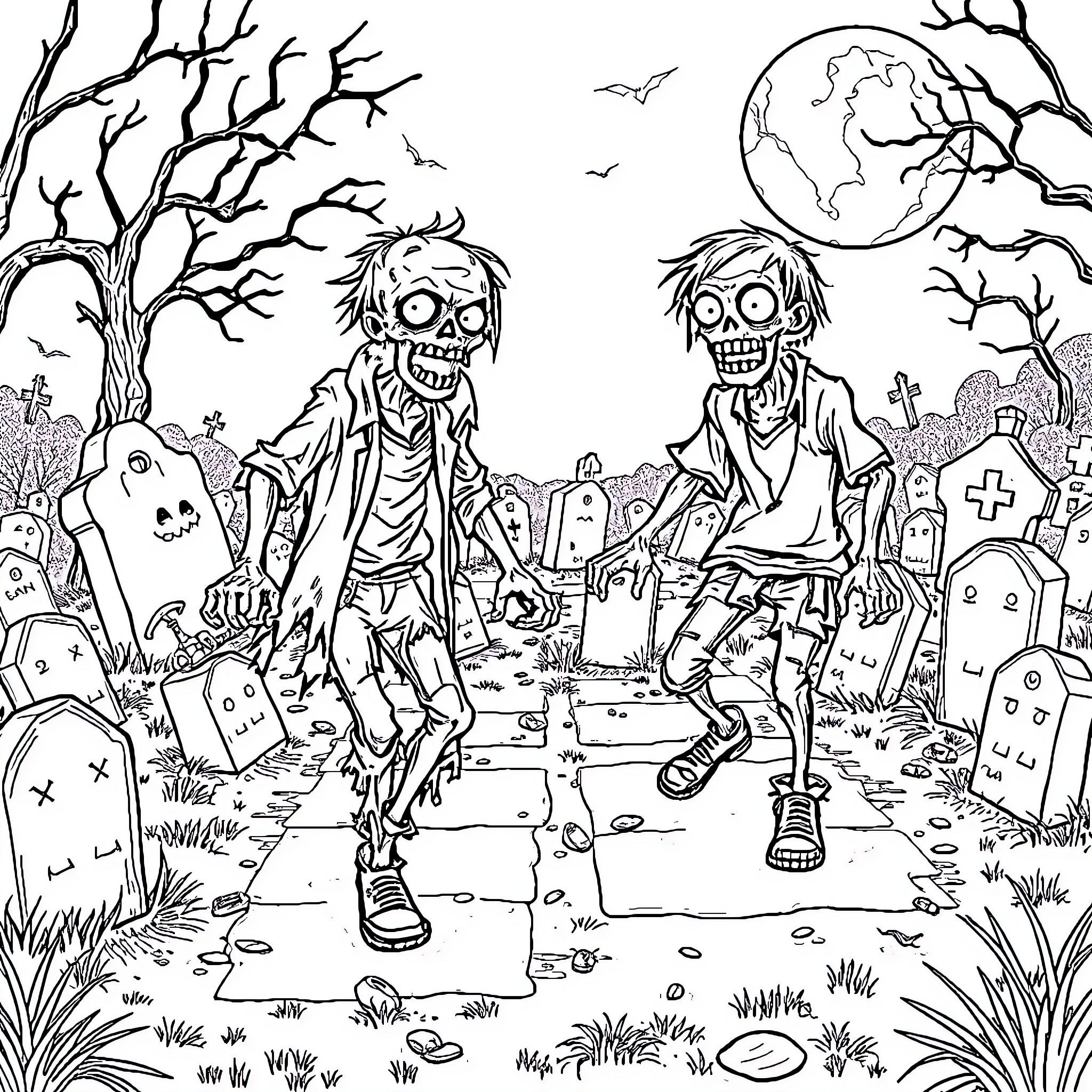 Zombie apocalypse in the graveyard Coloring Page (free black-and-white line drawing printable PDF for all, from beginners to advanced learners, including children, teens, adults, and seniors)