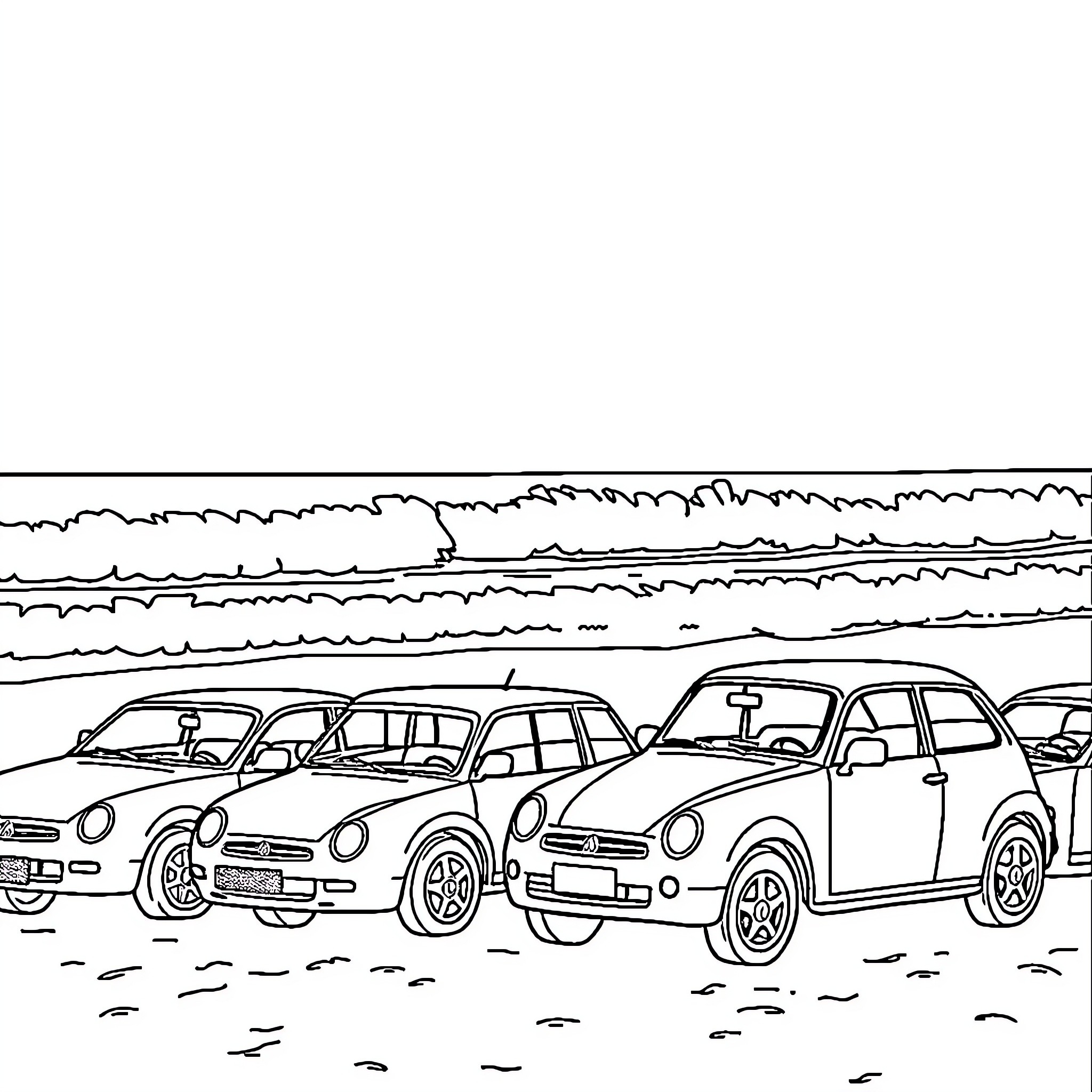 Cars parked in a row on a busy street Coloring Page (free black-and-white line drawing printable PDF for all, from beginners to advanced learners, including children, teens, adults, and seniors)