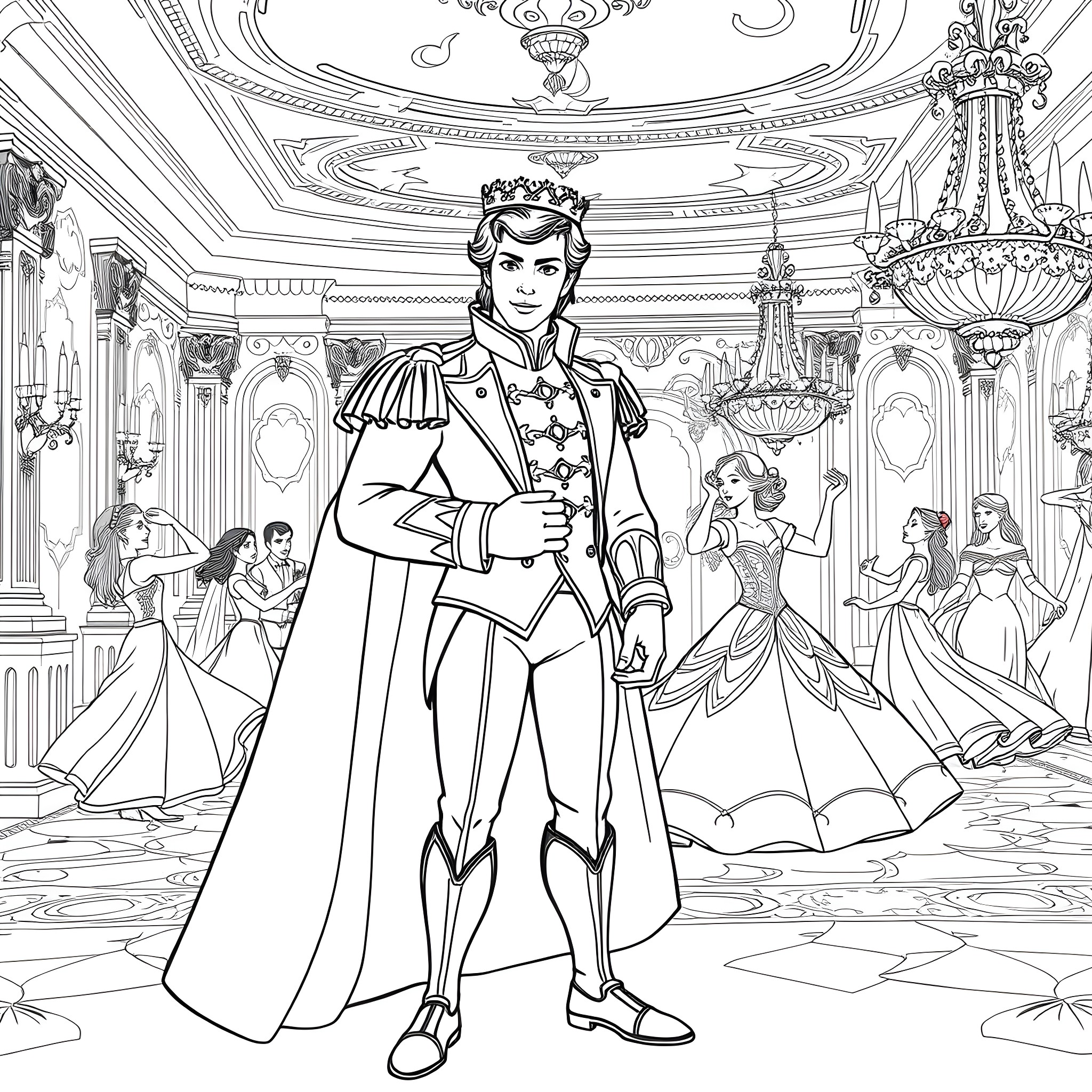 Prince Charming's Regal Ballroom Entrance Coloring Page (free black-and-white line drawing printable PDF for all, from beginners to advanced learners, including children, teens, adults, and seniors)