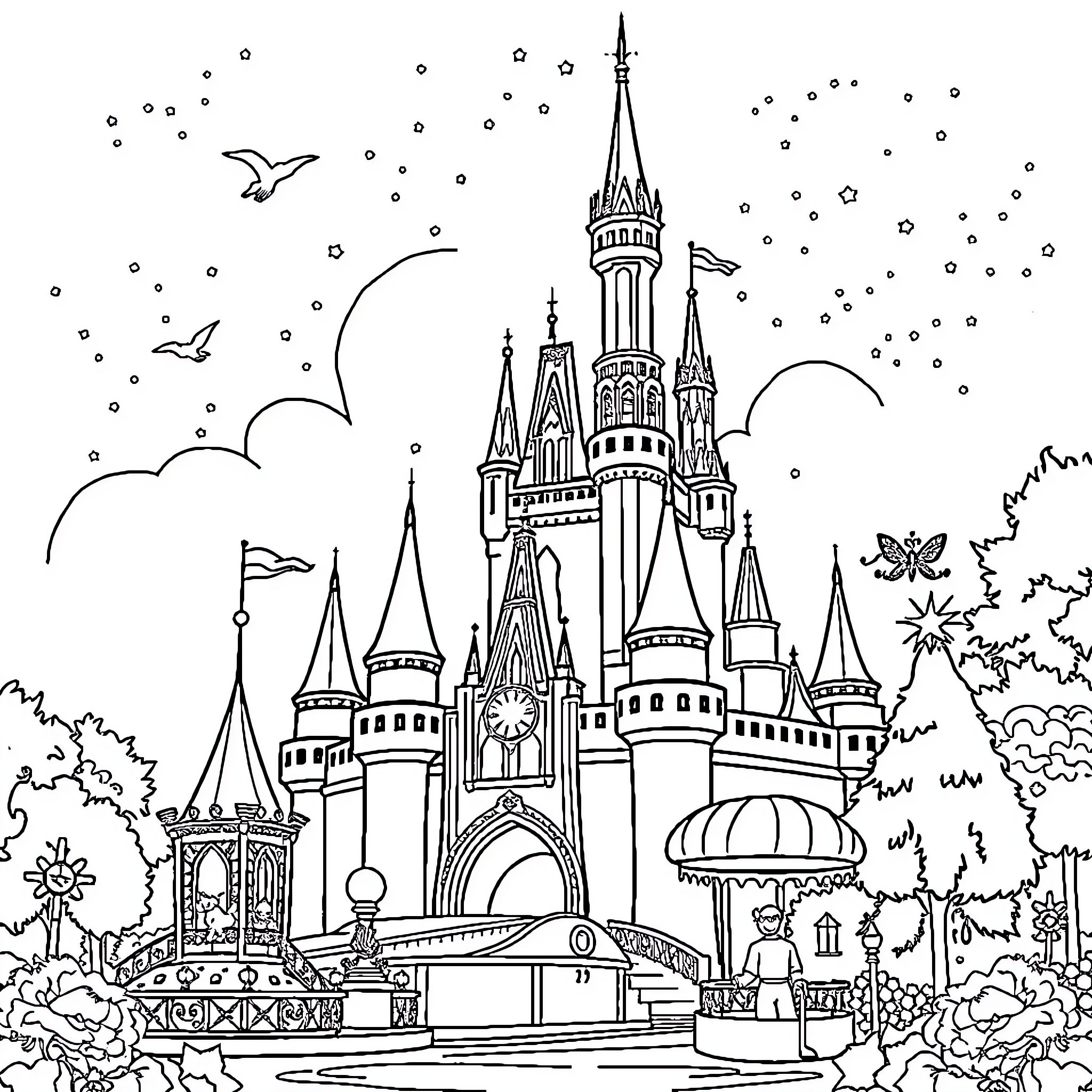 Disney Magical Castle Scene with Whimsical Details Coloring Page (free black-and-white line drawing printable PDF for all, from beginners to advanced learners, including children, teens, adults, and seniors)
