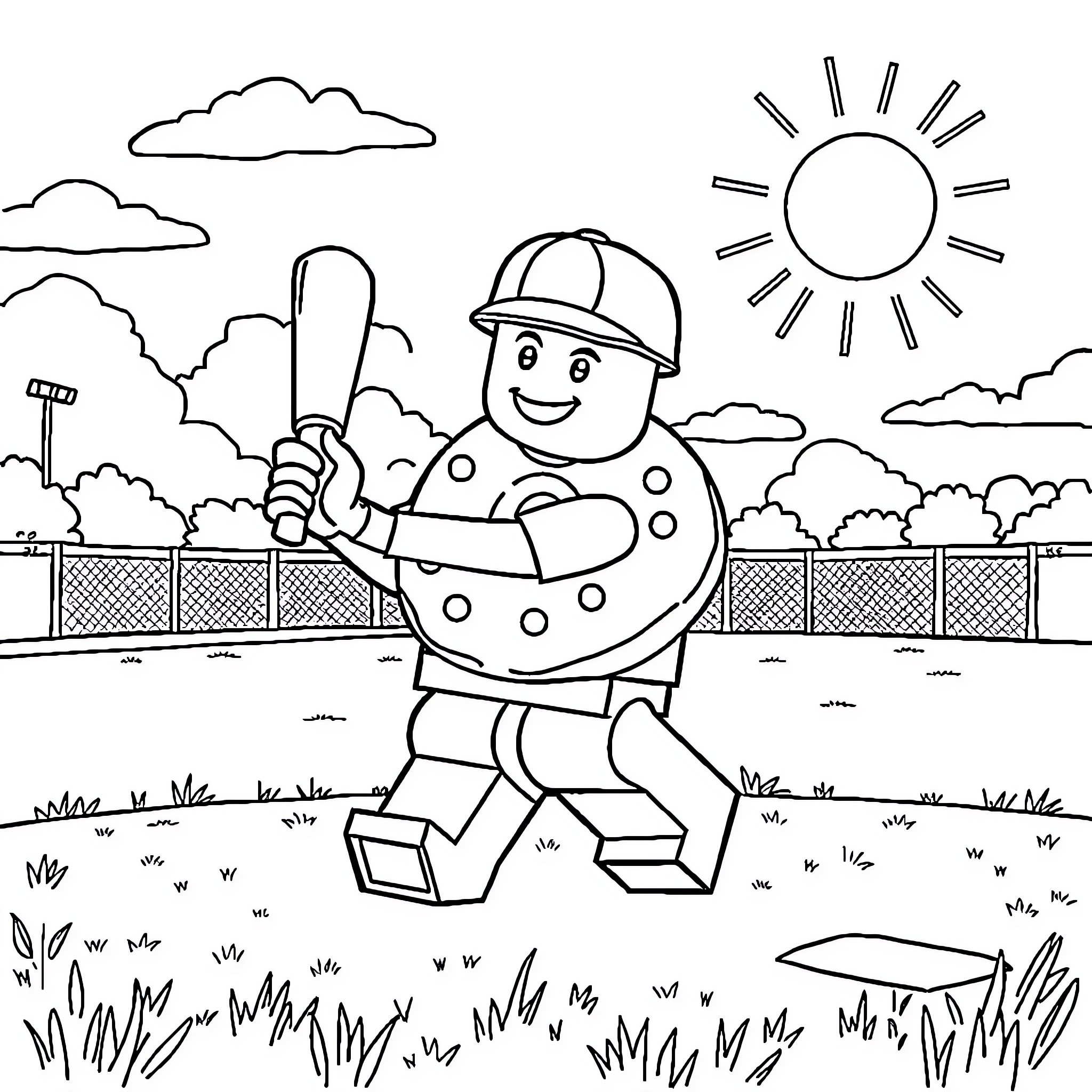 Donut Builder Happily Working Outdoors Coloring Page (free black-and-white line drawing printable PDF for all, from beginners to advanced learners, including children, teens, adults, and seniors)