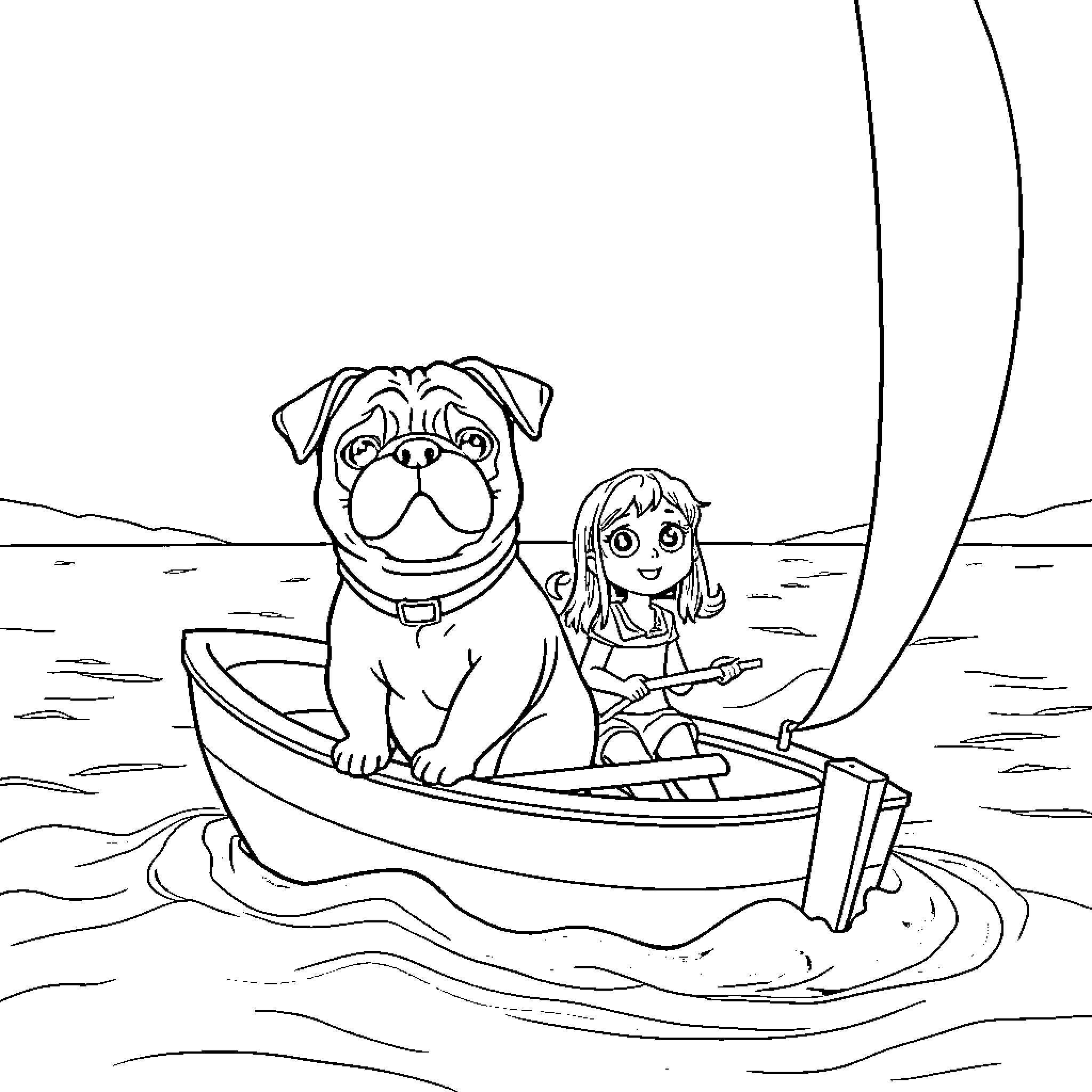 Pug and girl sailing in a boat Coloring Page (free black-and-white line drawing printable PDF for all, from beginners to advanced learners, including children, teens, adults, and seniors)