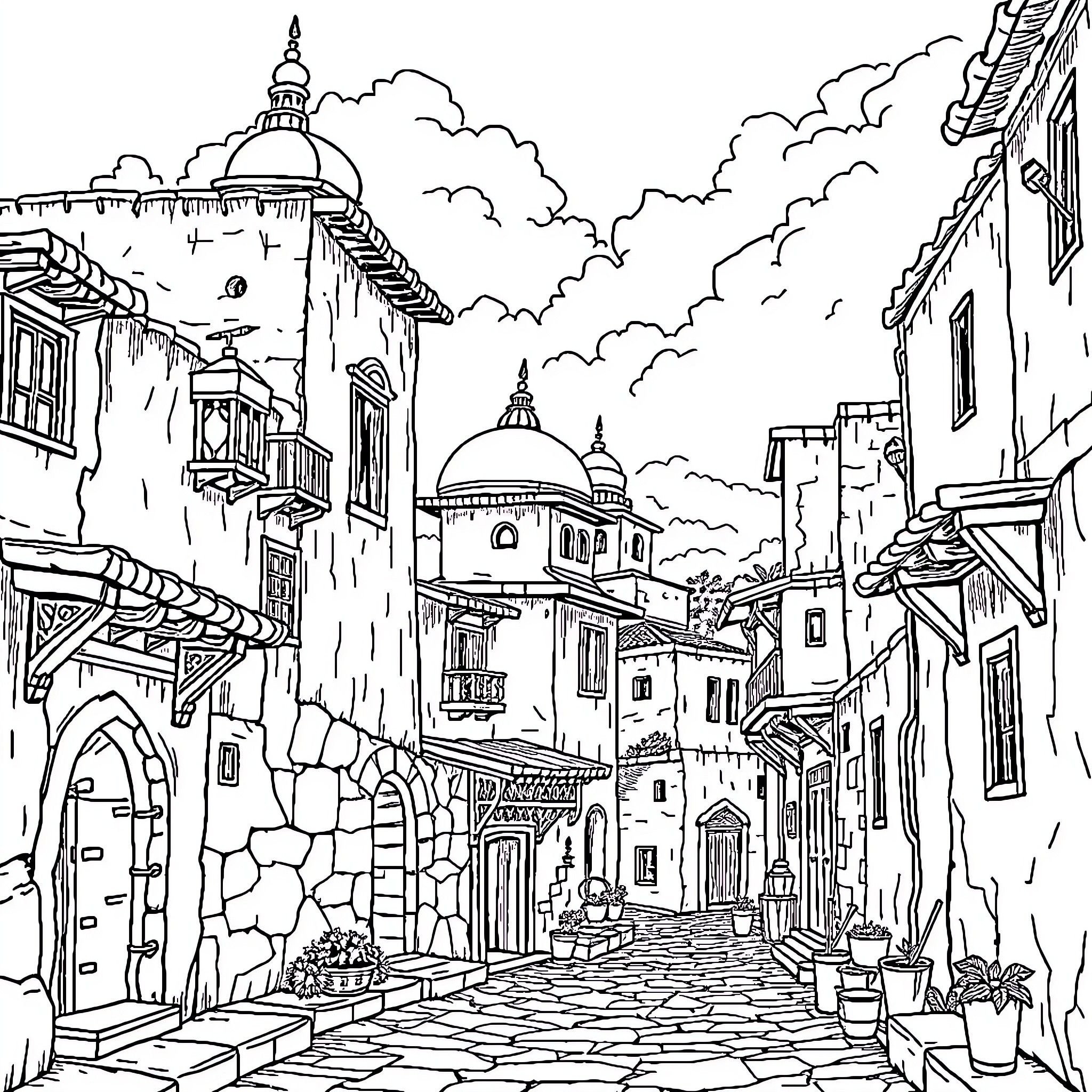 India: Scenic Old City Street with Domed Buildings Coloring Page (free black-and-white line drawing printable PDF for all, from beginners to advanced learners, including children, teens, adults, and seniors)