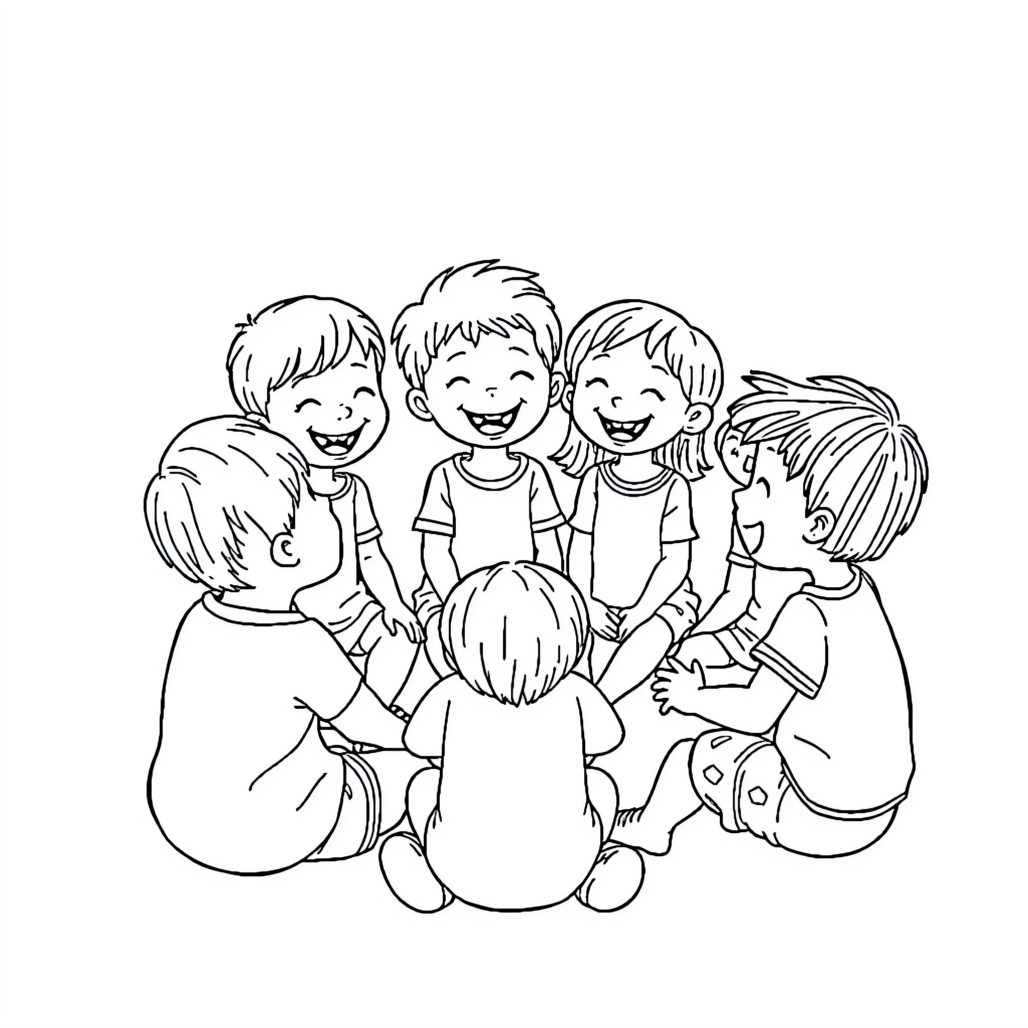 Kid friends playing and laughing together Coloring Page (free black-and-white line drawing printable PDF for all, from beginners to advanced learners, including children, teens, adults, and seniors)