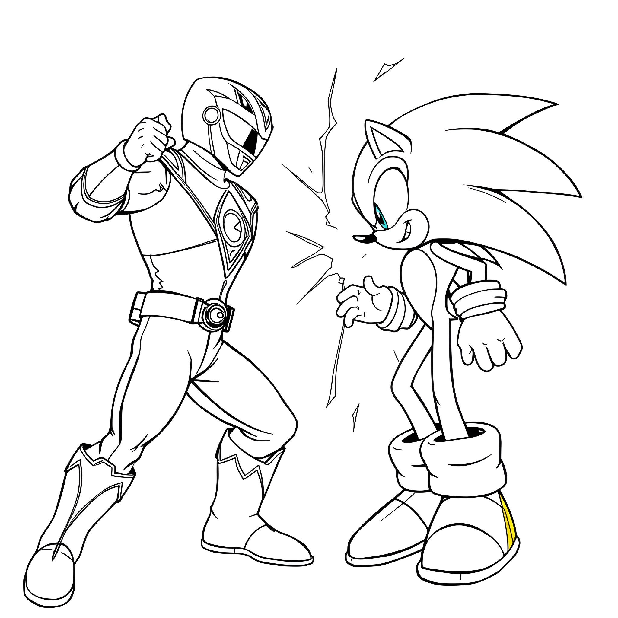Power Rangers Confrontation with Sonic the Hedgehog Coloring Page (free black-and-white line drawing printable PDF for all, from beginners to advanced learners, including children, teens, adults, and seniors)