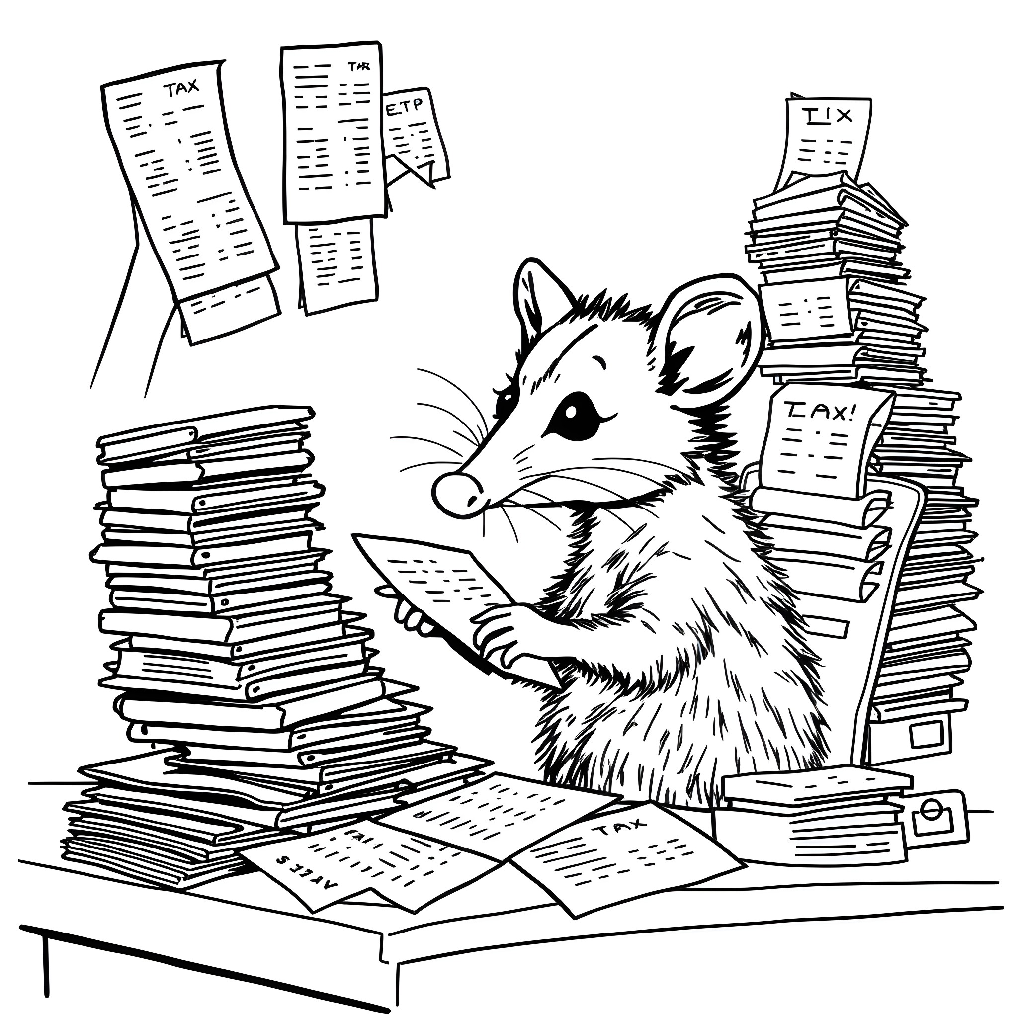 Opossum surrounded by books and tax documents Coloring Page (free black-and-white line drawing printable PDF for all, from beginners to advanced learners, including children, teens, adults, and seniors)