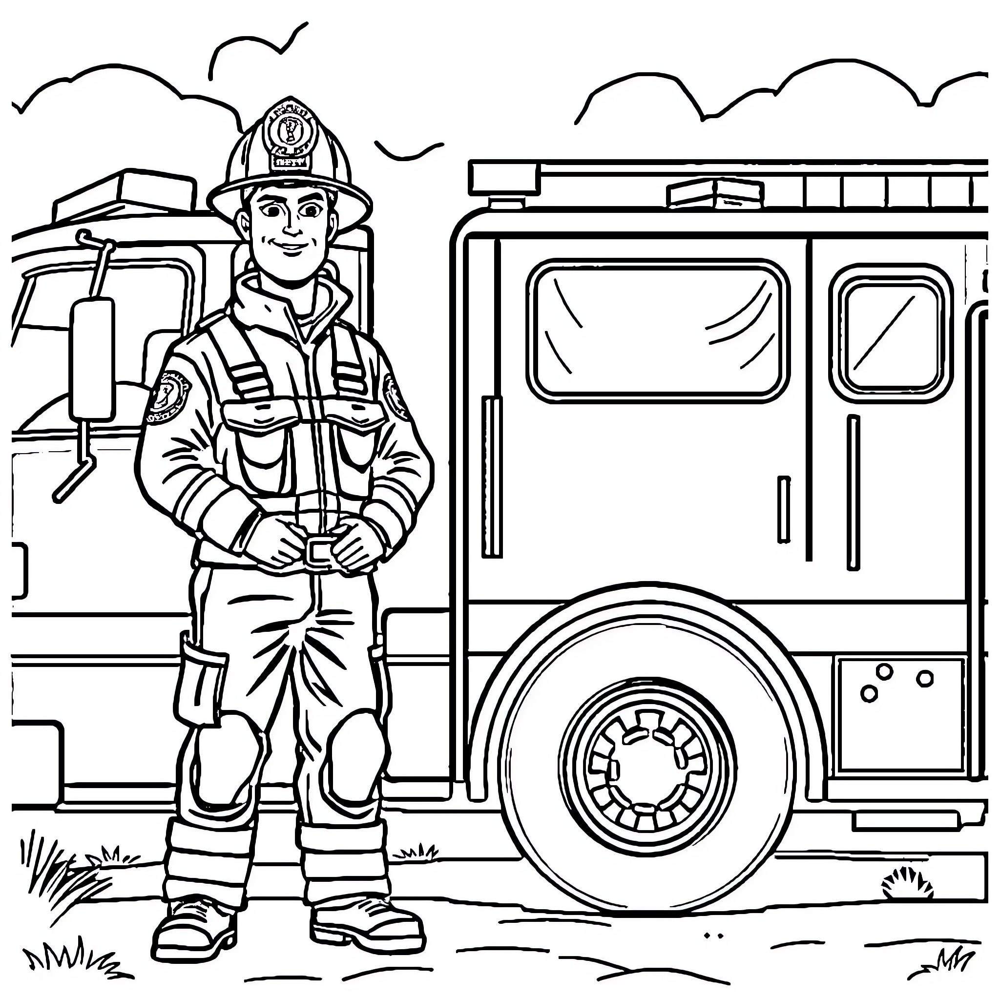 Fireman ready for action near fire engine Coloring Page (free black-and-white line drawing printable PDF for all, from beginners to advanced learners, including children, teens, adults, and seniors)