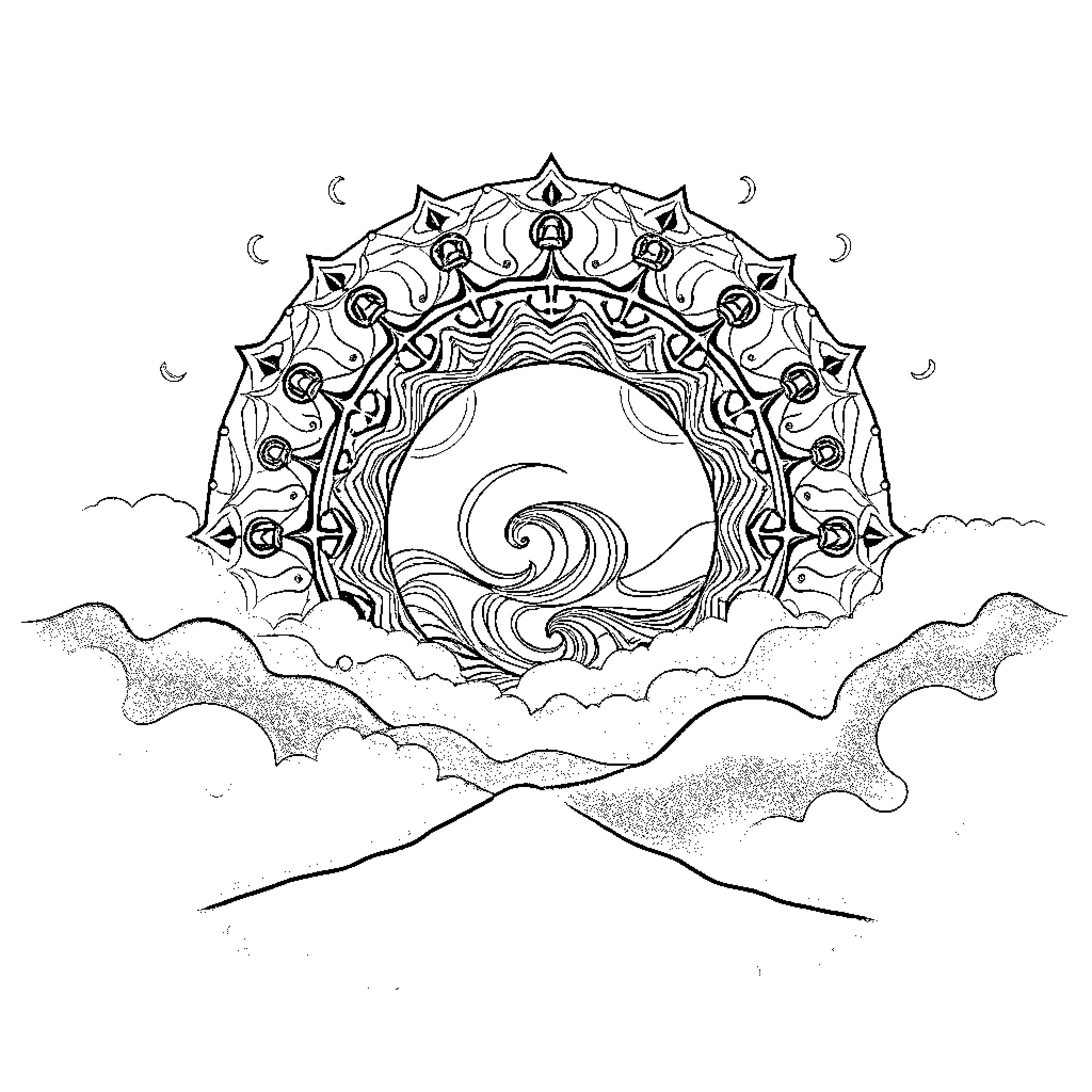 Mandala of Mystical Waves in the Clouds Coloring Page (free black-and-white line drawing printable PDF for all, from beginners to advanced learners, including children, teens, adults, and seniors)