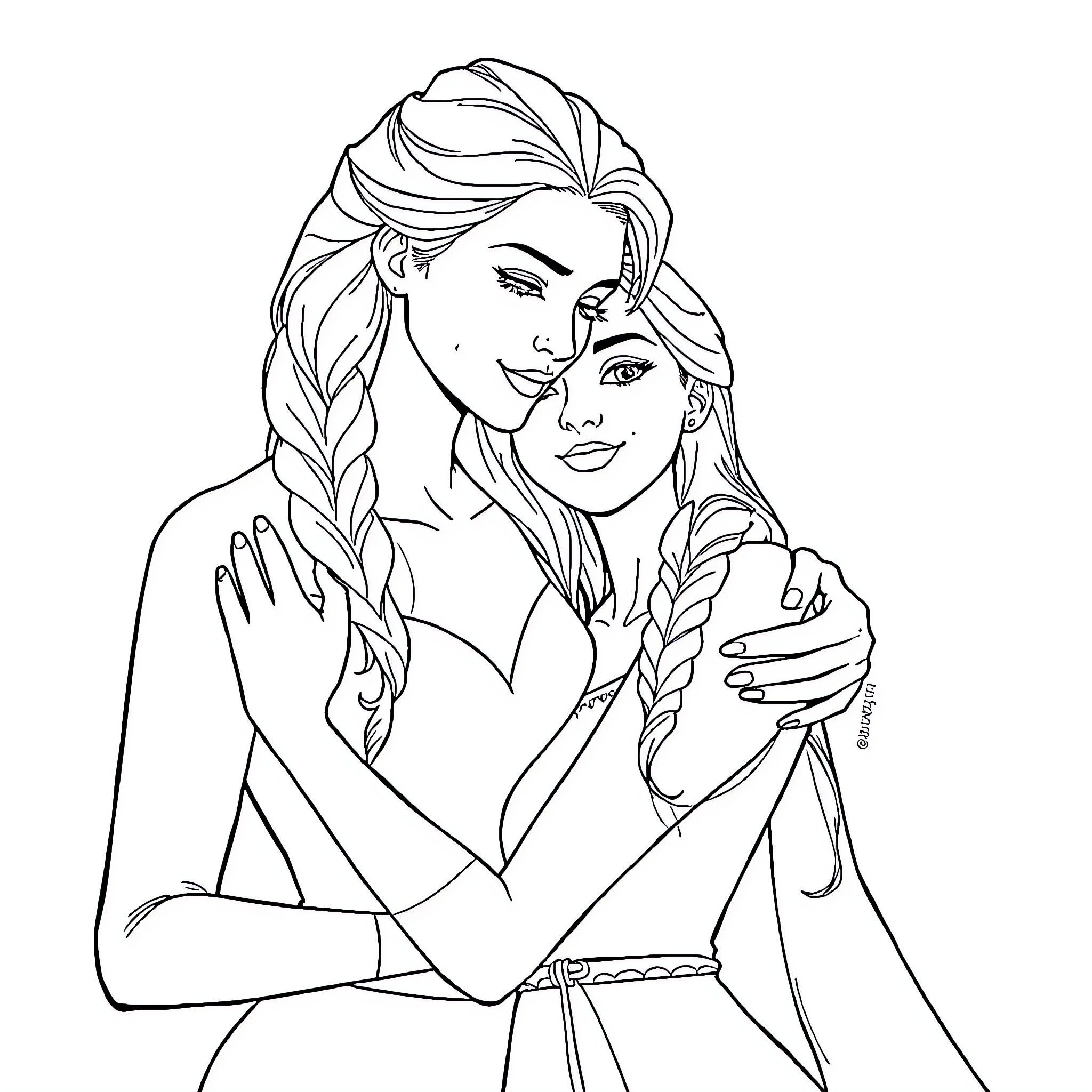 Elsa embracing Anna in a tender moment Coloring Page (free black-and-white line drawing printable PDF for all, from beginners to advanced learners, including children, teens, adults, and seniors)