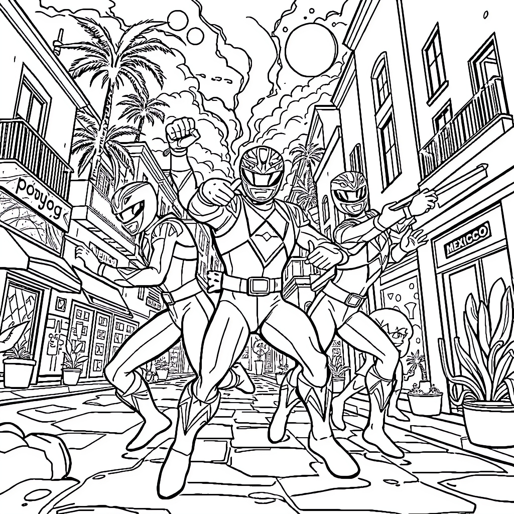 Power Rangers Defending the City from Danger Coloring Page (free black-and-white line drawing printable PDF for all, from beginners to advanced learners, including children, teens, adults, and seniors)