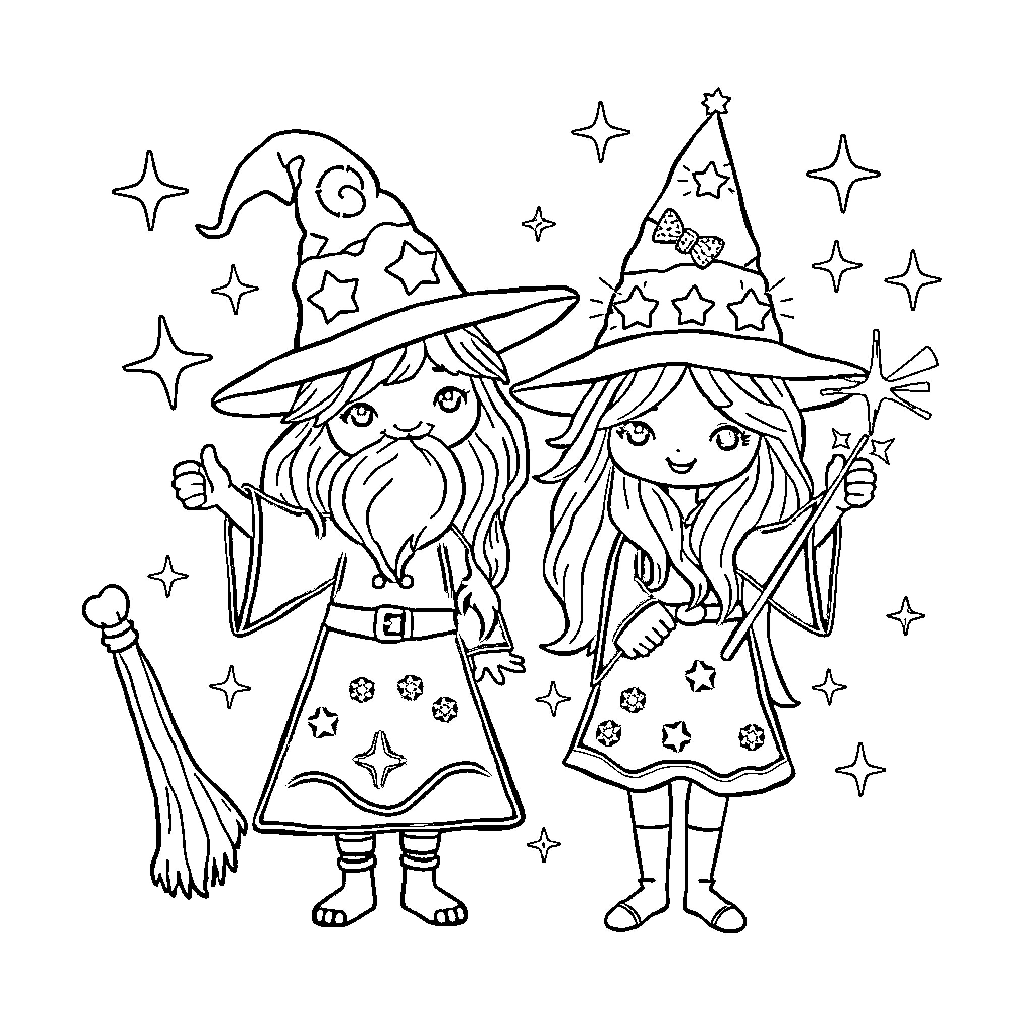 Sorcery of Whimsical Witches in Starry Night Coloring Page (free black-and-white line drawing printable PDF for all, from beginners to advanced learners, including children, teens, adults, and seniors)