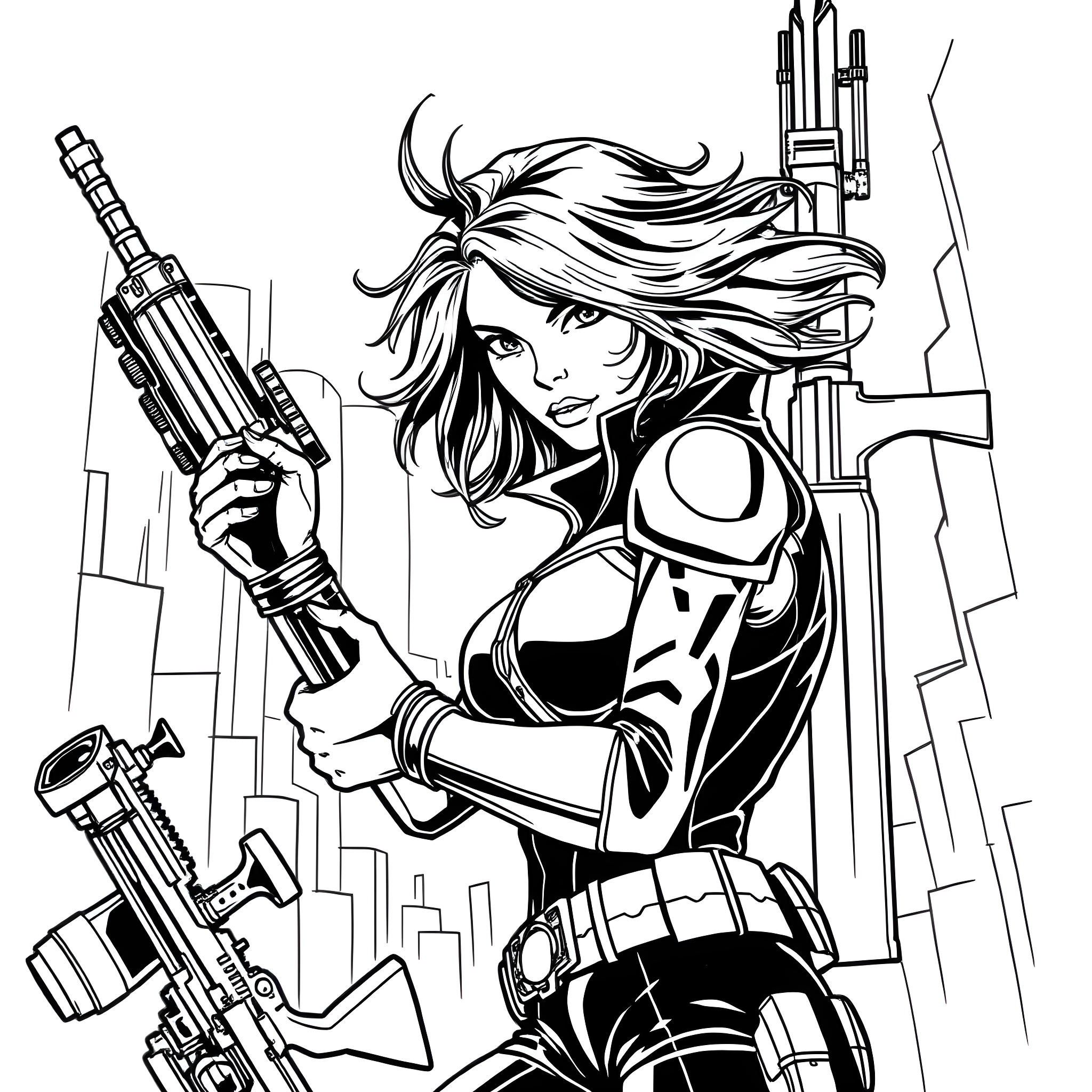 Black Widow in action with futuristic weapons Coloring Page (free black-and-white line drawing printable PDF for all, from beginners to advanced learners, including children, teens, adults, and seniors)