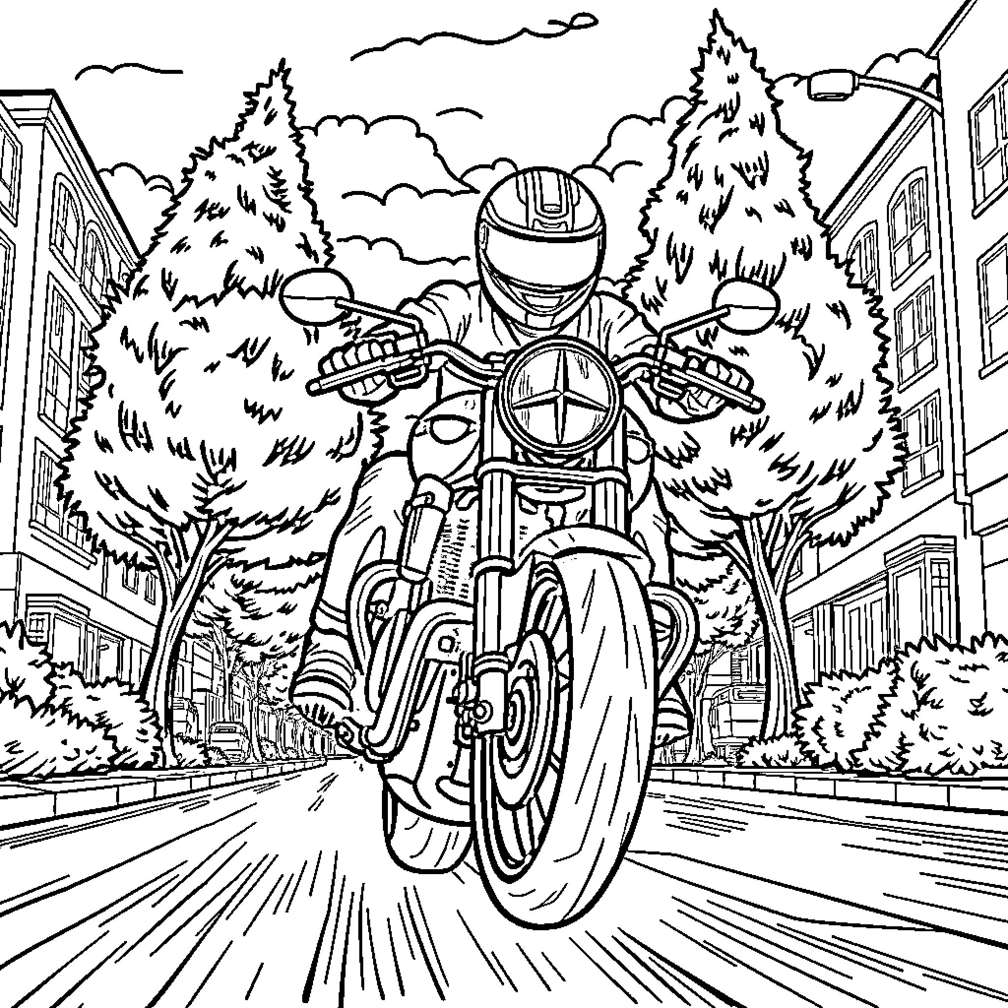 Motorbike speeding through the city streets Coloring Page (free black-and-white line drawing printable PDF for all, from beginners to advanced learners, including children, teens, adults, and seniors)