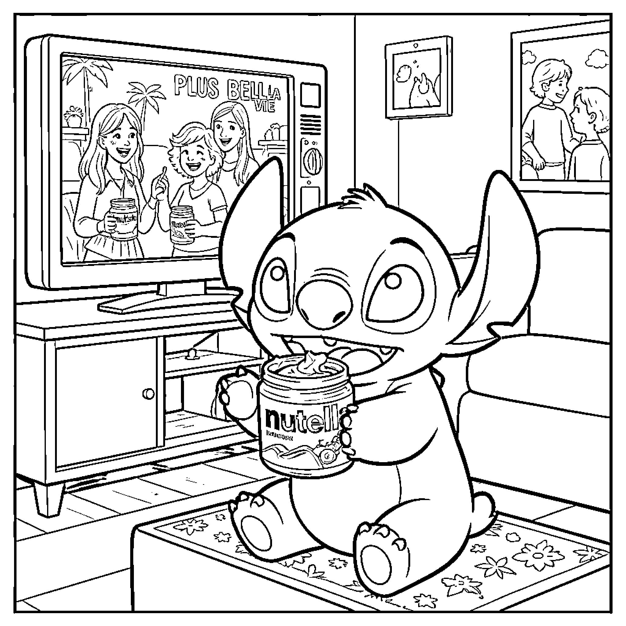 Stitch enjoying Nutella while watching TV Coloring Page (free black-and-white line drawing printable PDF for all, from beginners to advanced learners, including children, teens, adults, and seniors)