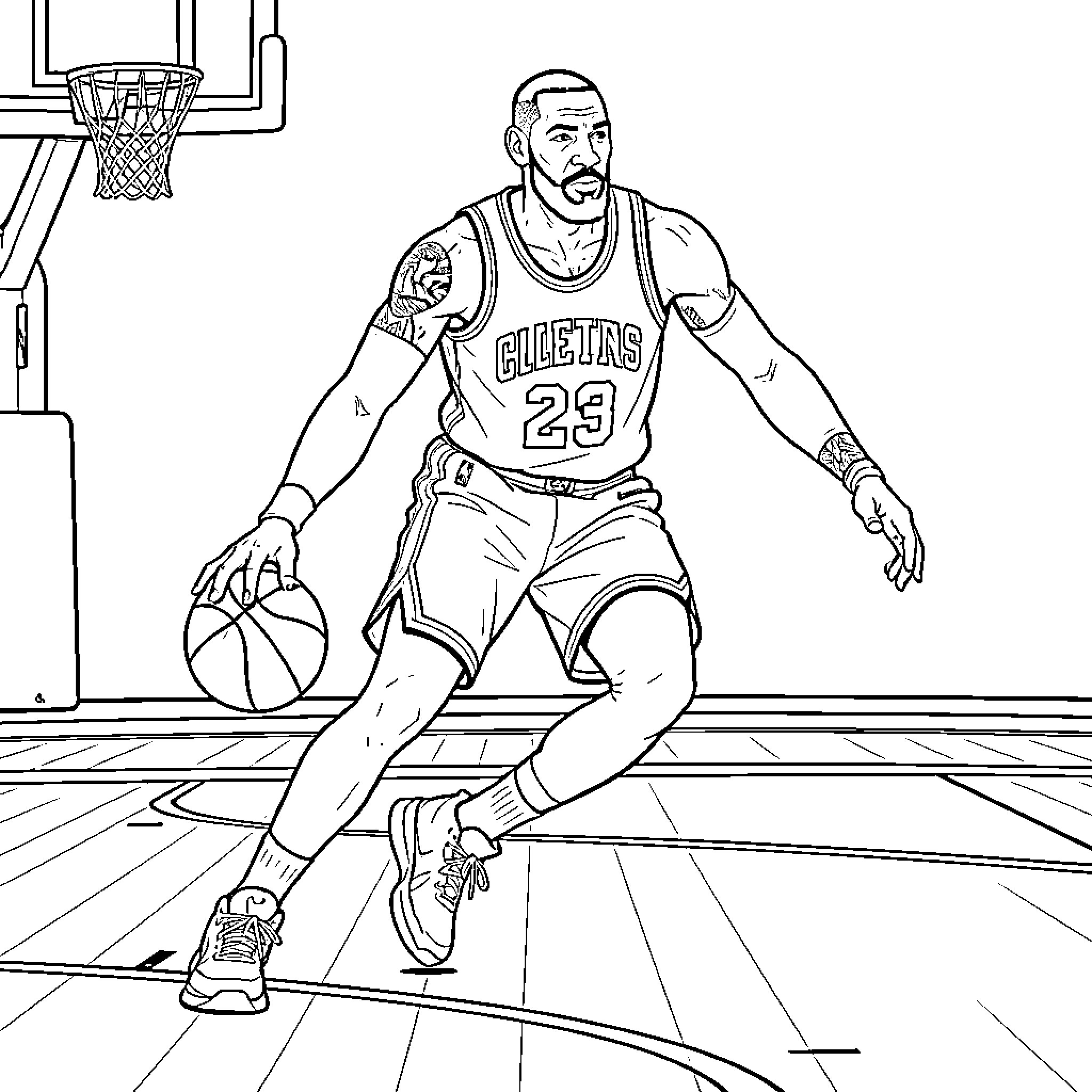 LeBron James in Basketball Court Pose Coloring Page (free black-and-white line drawing printable PDF for all, from beginners to advanced learners, including children, teens, adults, and seniors)