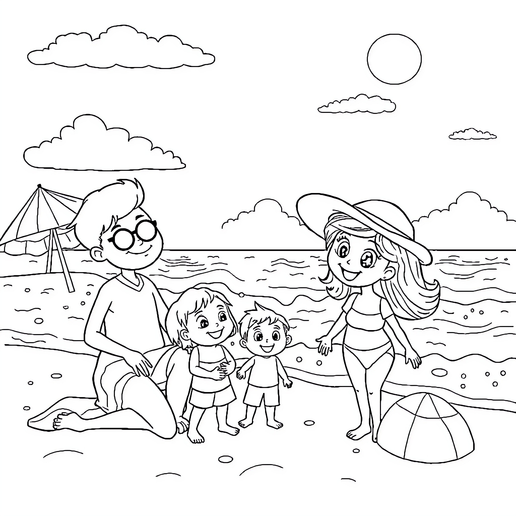 Bluey's Family Fun at the Beach Coloring Page (free black-and-white line drawing printable PDF for all, from beginners to advanced learners, including children, teens, adults, and seniors)