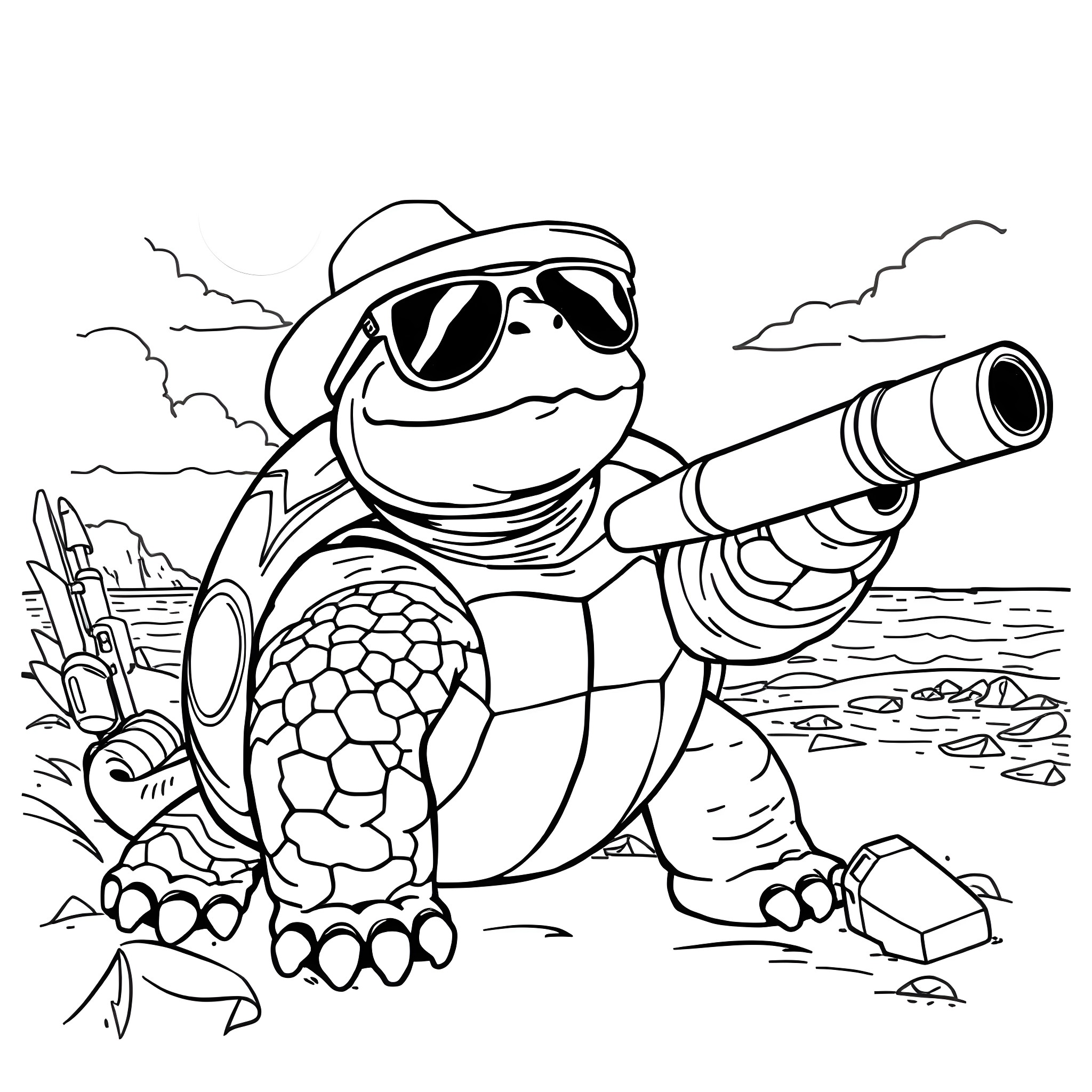Blastoise in sunglasses wielding a cannon on the beach Coloring Page (free black-and-white line drawing printable PDF for all, from beginners to advanced learners, including children, teens, adults, and seniors)