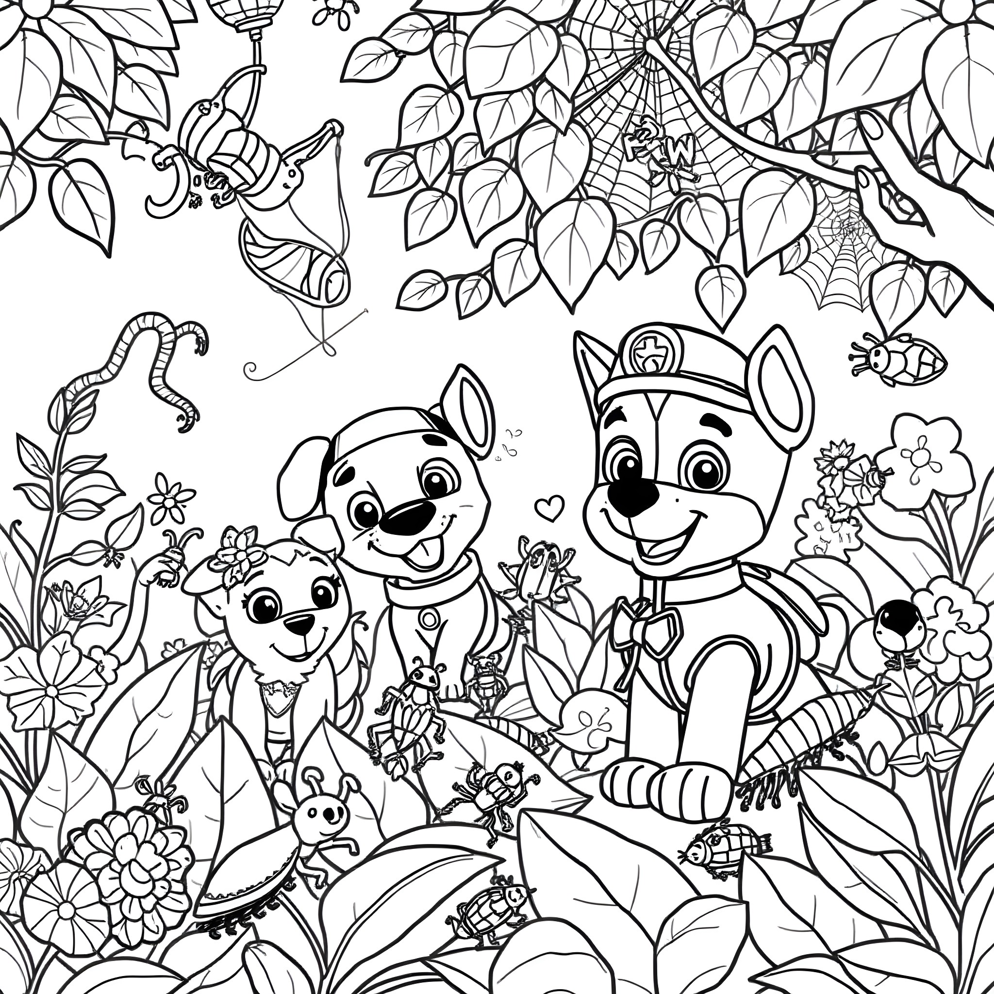 Paw Patrol exploring the floral garden with friends Coloring Page (free black-and-white line drawing printable PDF for all, from beginners to advanced learners, including children, teens, adults, and seniors)
