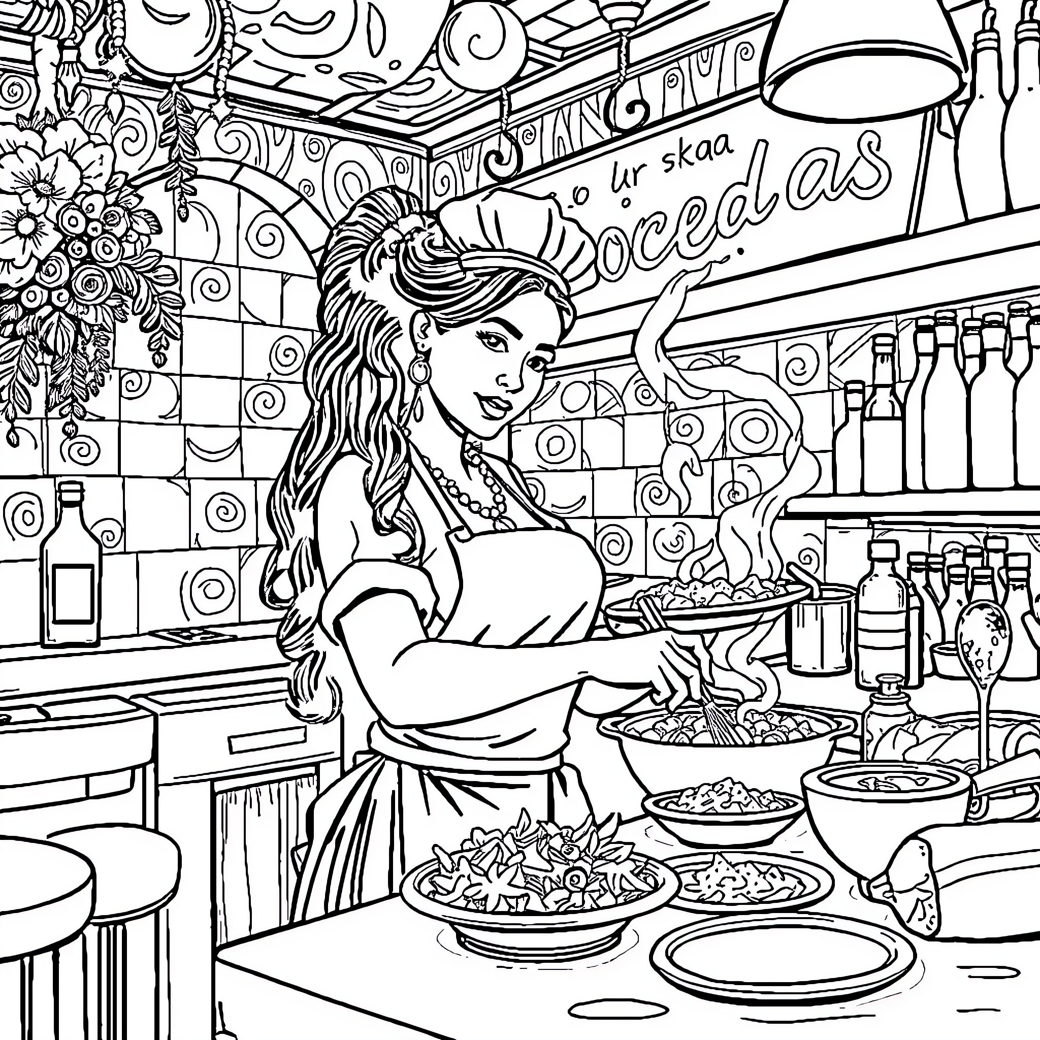 Cocinera preparing delicious dishes in a lively restaurant Coloring Page (free black-and-white line drawing printable PDF for all, from beginners to advanced learners, including children, teens, adults, and seniors)