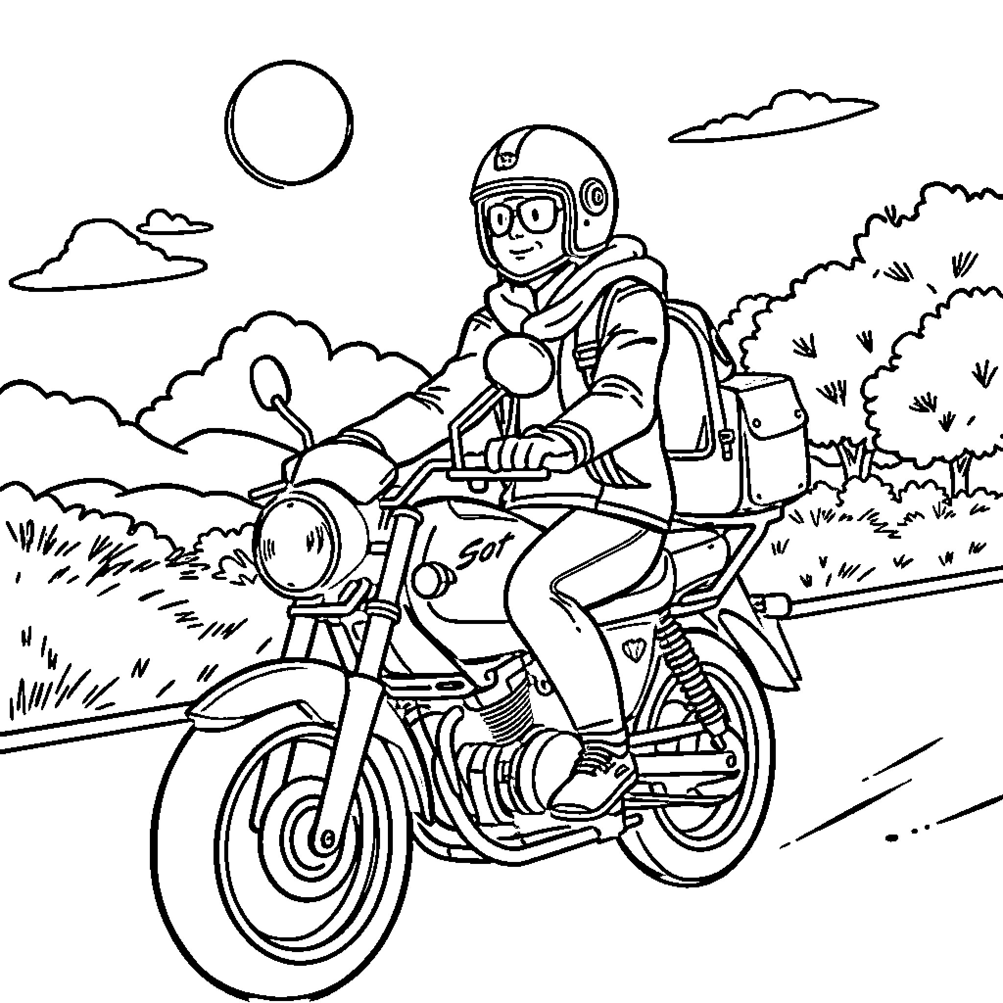 Teacher riding motorcycle on country road Coloring Page (free black-and-white line drawing printable PDF for all, from beginners to advanced learners, including children, teens, adults, and seniors)