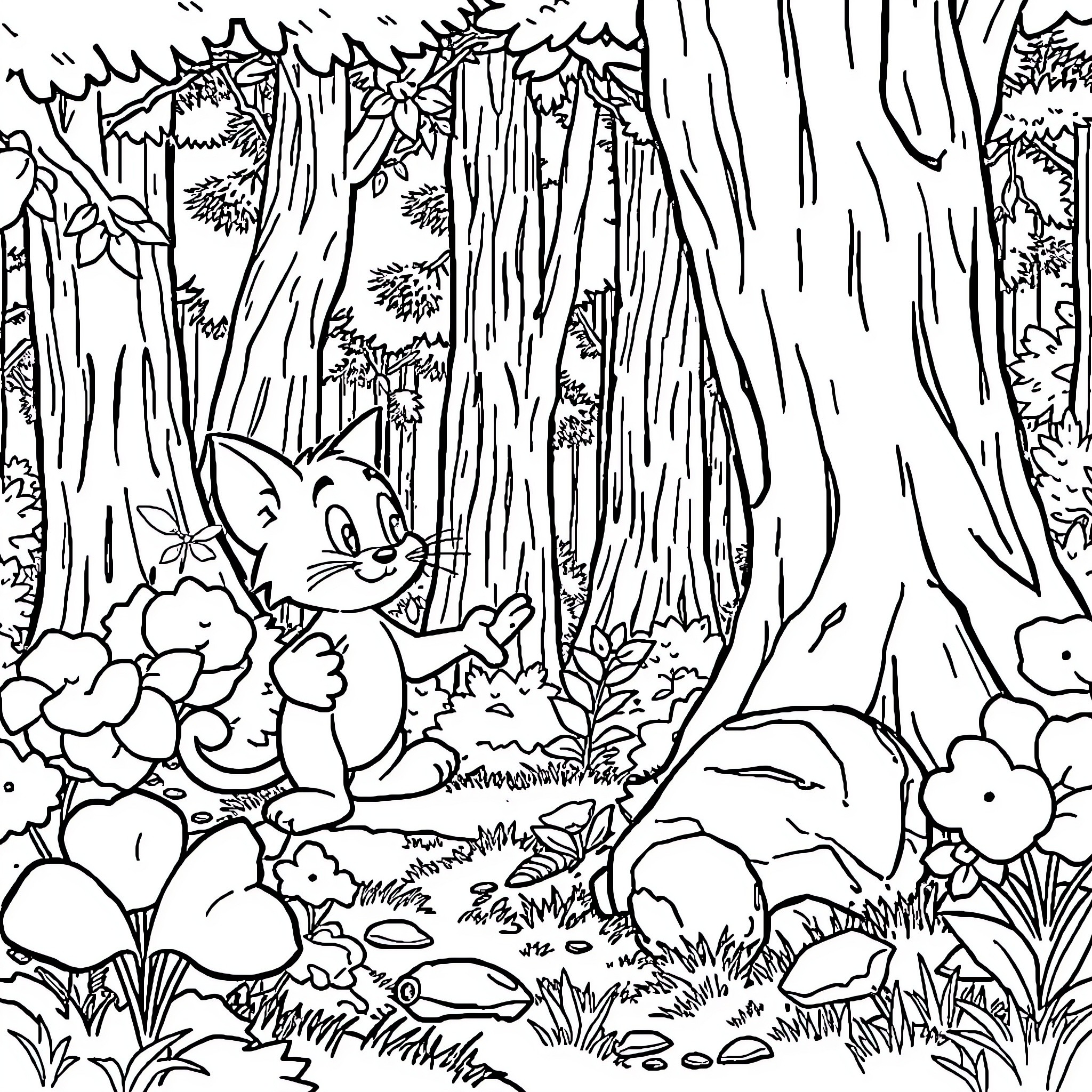 Tom's Enchanted Forest Adventure Coloring Page (free black-and-white line drawing printable PDF for all, from beginners to advanced learners, including children, teens, adults, and seniors)