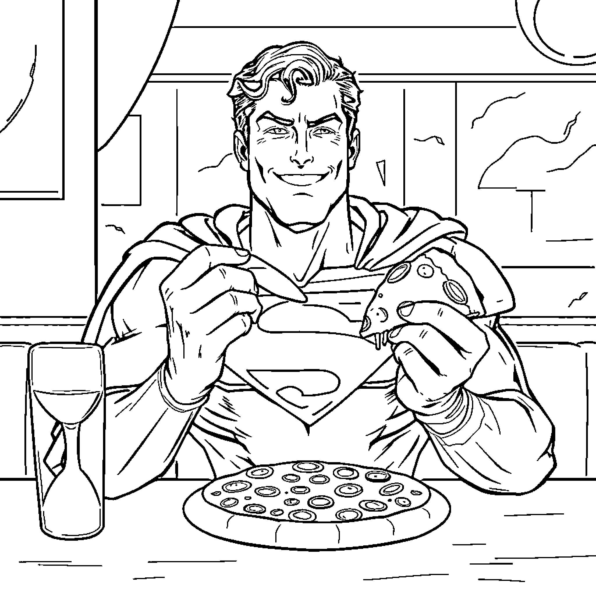 Superman enjoying pizza and wine after a day of heroic deeds Coloring Page (free black-and-white line drawing printable PDF for all, from beginners to advanced learners, including children, teens, adults, and seniors)