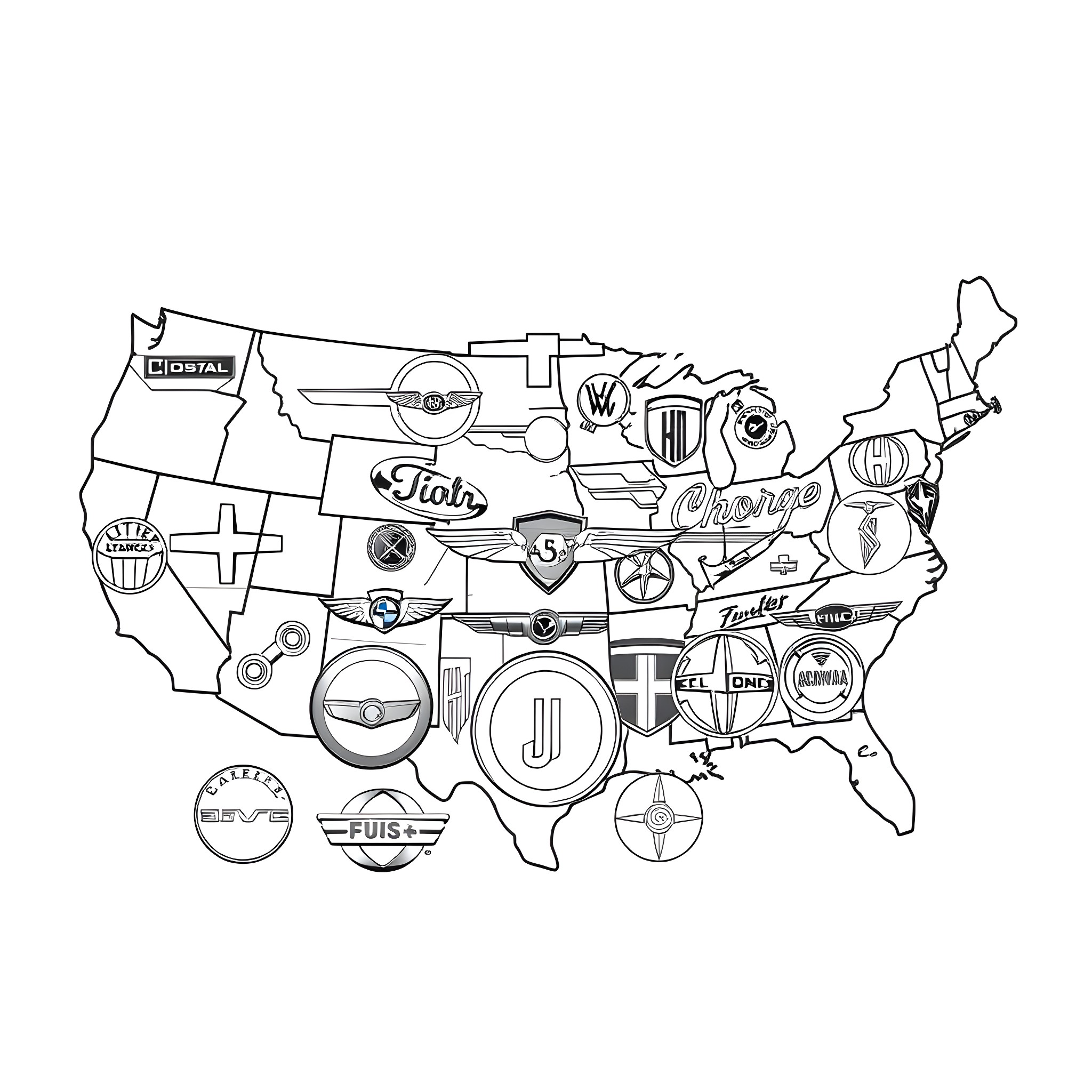 Car Logo Symbols Overlaid on Map of United States Coloring Page (free black-and-white line drawing printable PDF for all, from beginners to advanced learners, including children, teens, adults, and seniors)