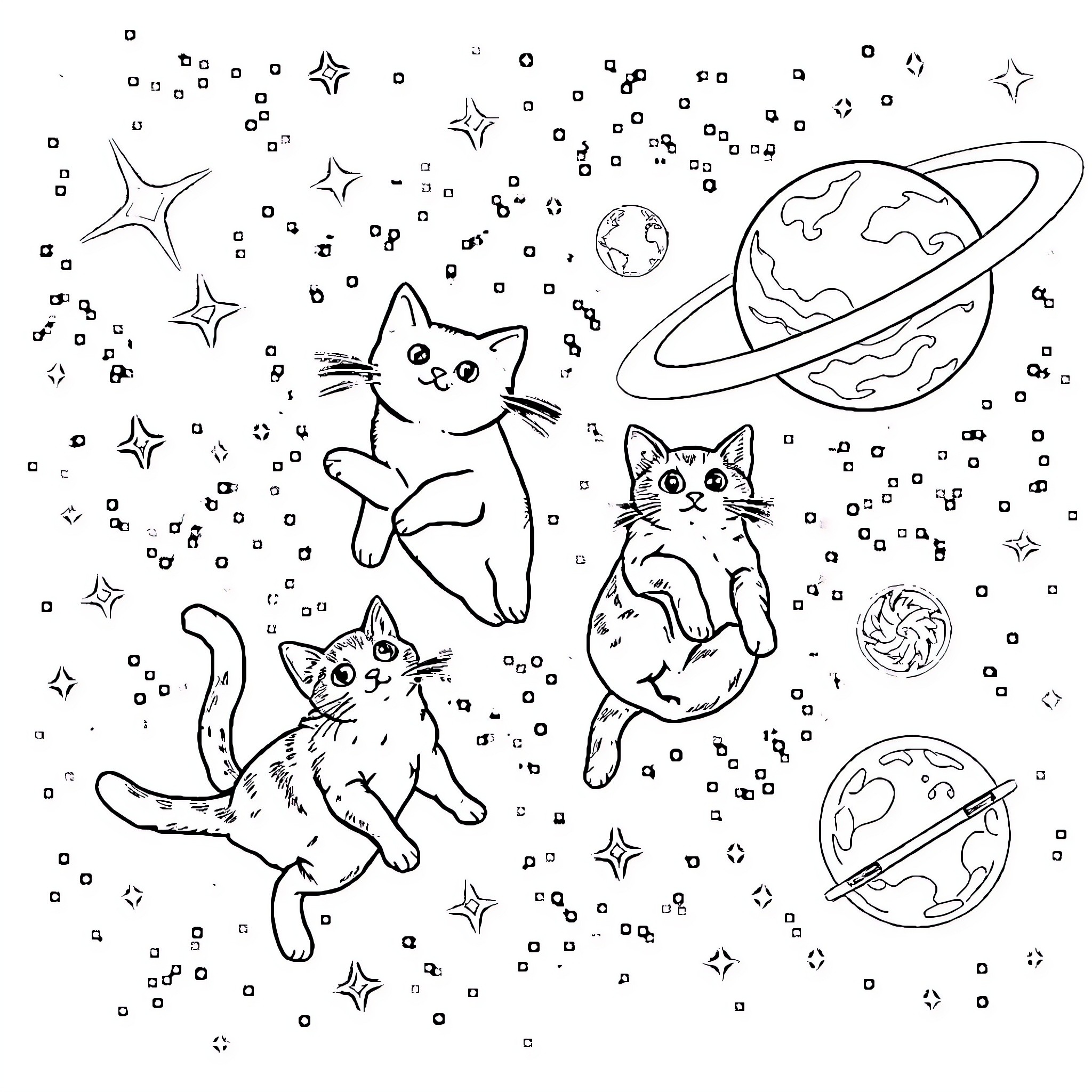 Cat Exploring the Cosmic Playground Coloring Page (free black-and-white line drawing printable PDF for all, from beginners to advanced learners, including children, teens, adults, and seniors)