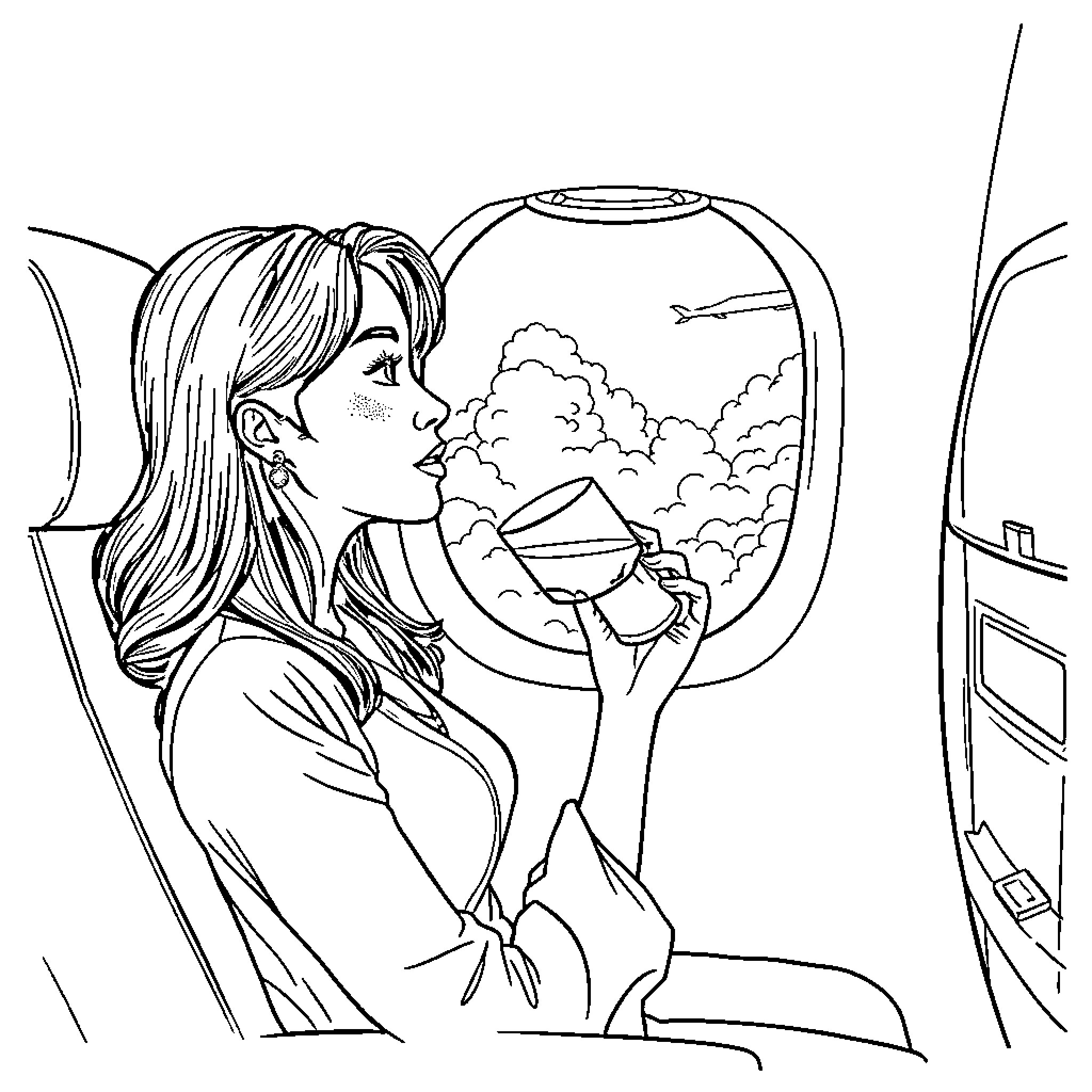 Woman enjoying a drink while gazing out of an airplane window Coloring Page (free black-and-white line drawing printable PDF for all, from beginners to advanced learners, including children, teens, adults, and seniors)