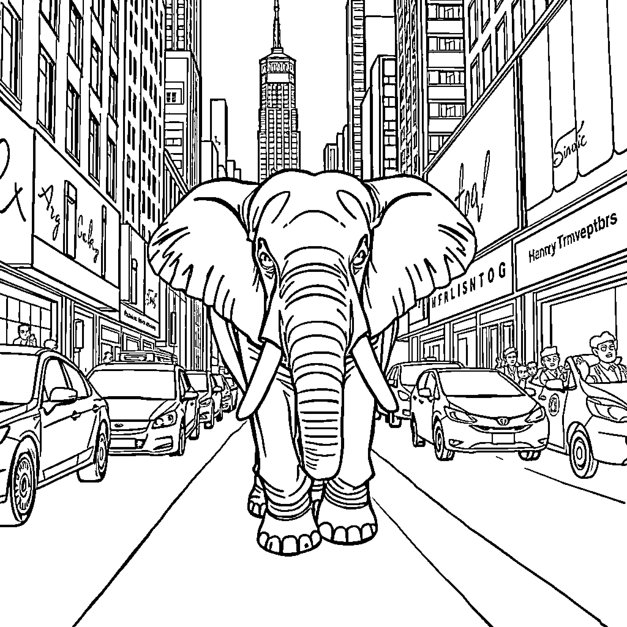 Elephant walking through the busy city streets Coloring Page (free black-and-white line drawing printable PDF for all, from beginners to advanced learners, including children, teens, adults, and seniors)
