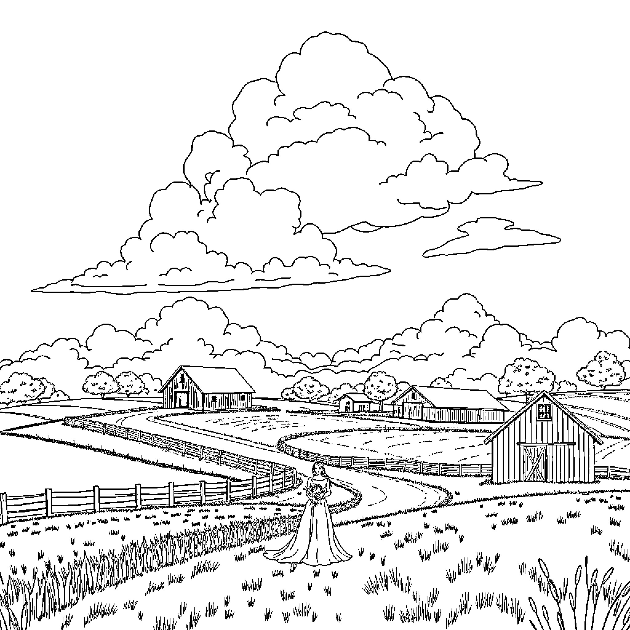 Farm Wedding Celebration in Countryside Landscape Coloring Page (free black-and-white line drawing printable PDF for all, from beginners to advanced learners, including children, teens, adults, and seniors)