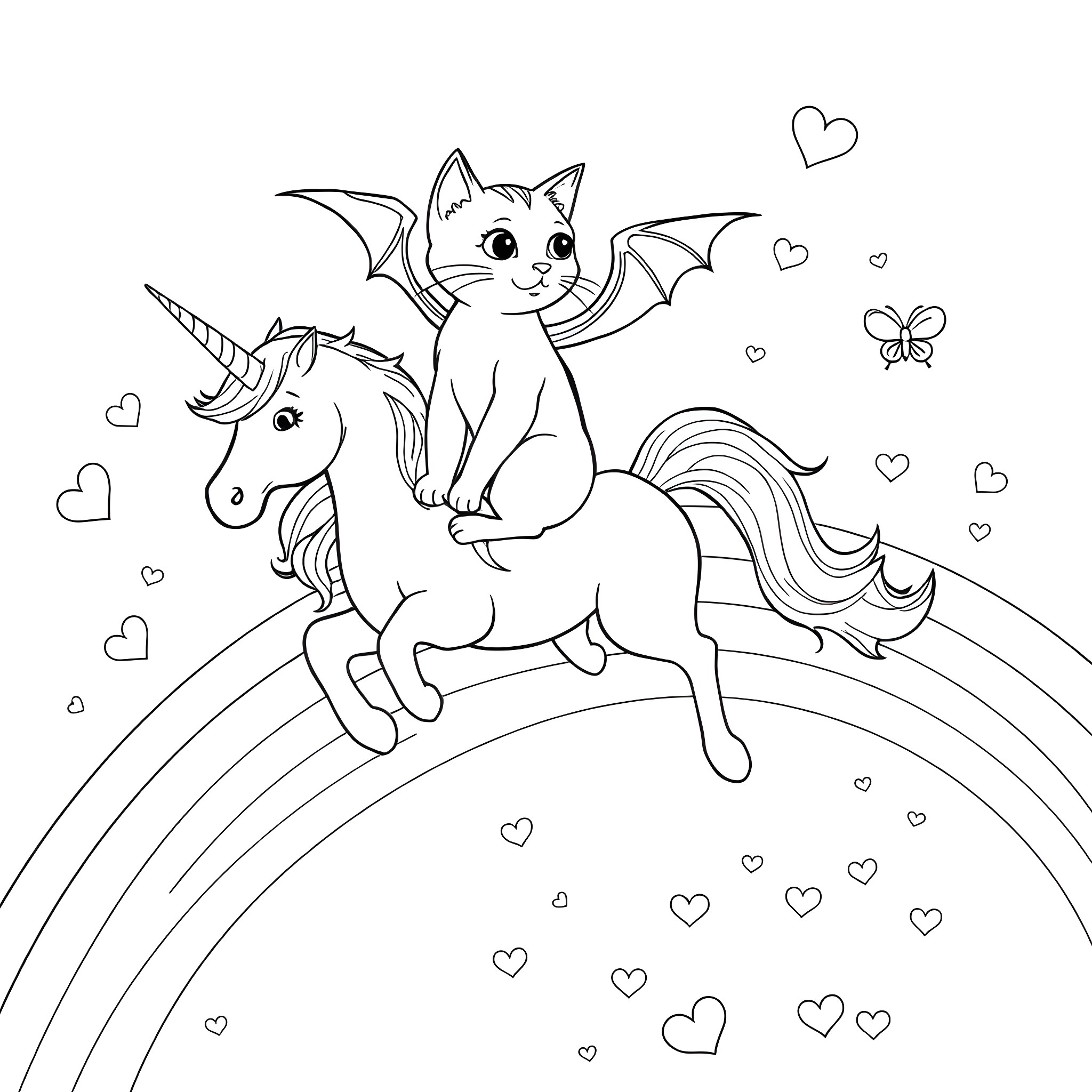 Cat riding a unicorn over a rainbow Coloring Page (free black-and-white line drawing printable PDF for all, from beginners to advanced learners, including children, teens, adults, and seniors)