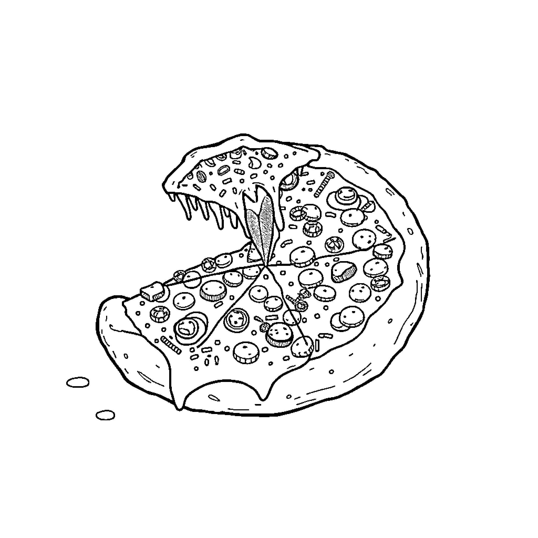 Monster Pizza Devouring Its Toppings Coloring Page (free black-and-white line drawing printable PDF for all, from beginners to advanced learners, including children, teens, adults, and seniors)