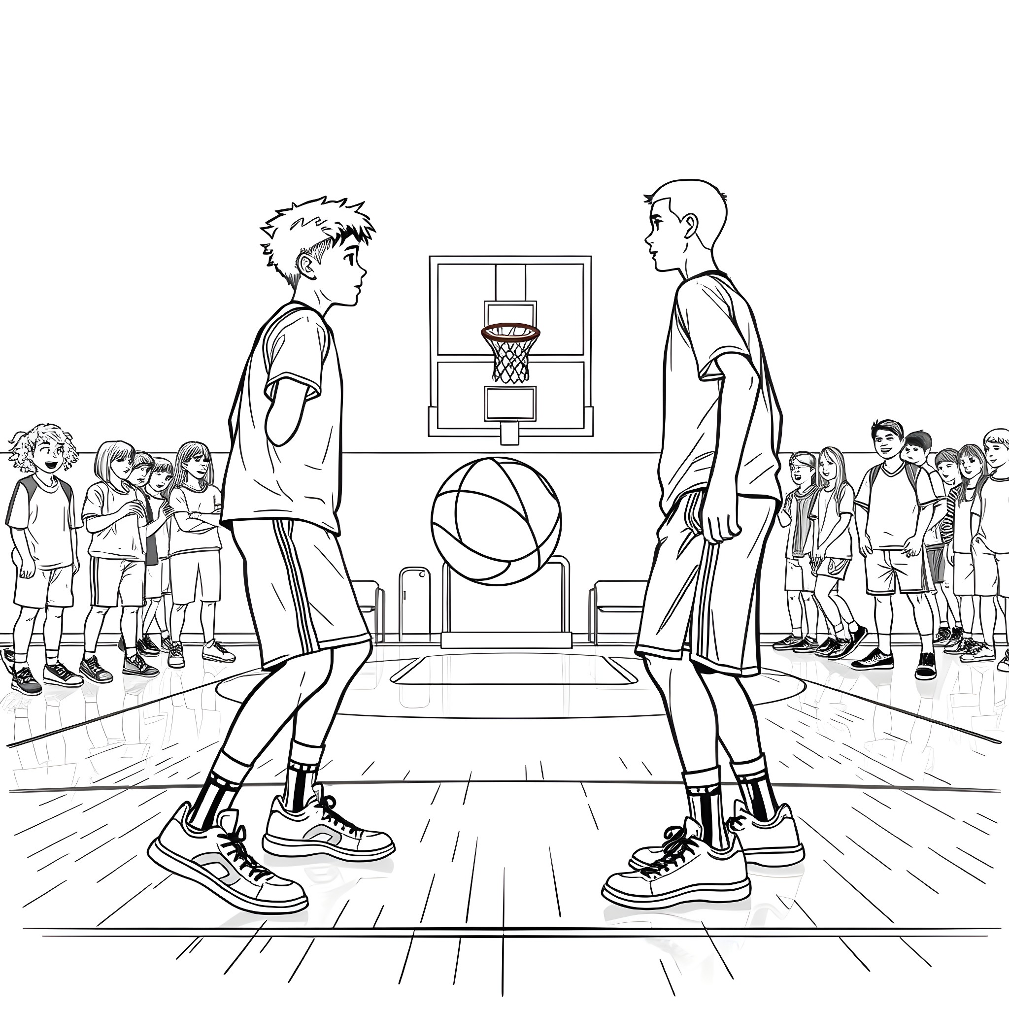 Teen Guy Playing Basketball with Friends on Court Coloring Page (free black-and-white line drawing printable PDF for all, from beginners to advanced learners, including children, teens, adults, and seniors)