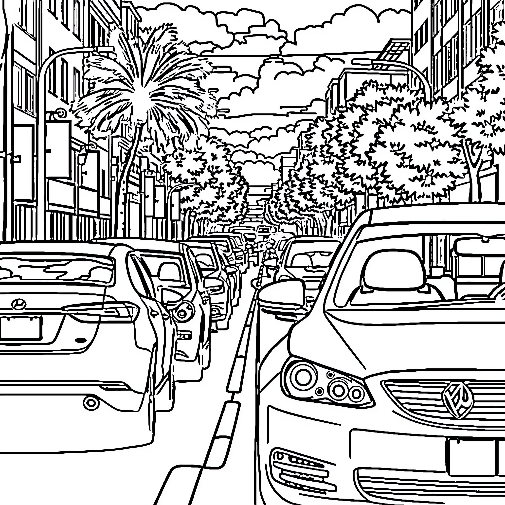 Cars Driving Through Busy City Street Coloring Page (free black-and-white line drawing printable PDF for all, from beginners to advanced learners, including children, teens, adults, and seniors)