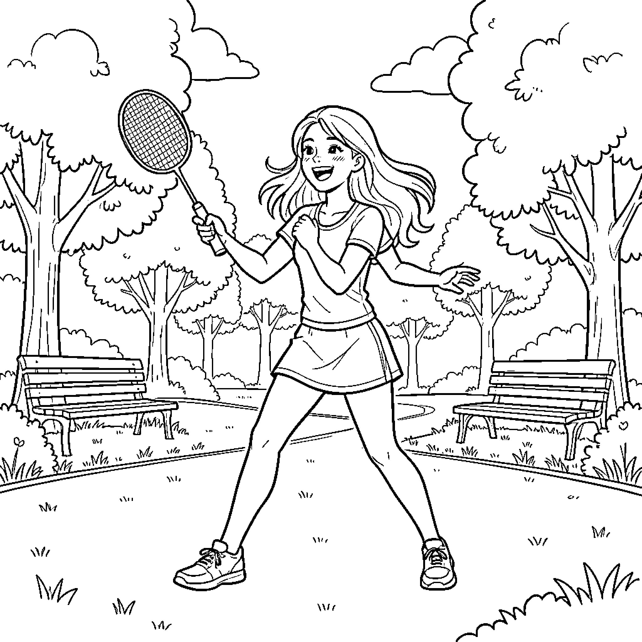 Woman playing badminton joyfully in a park Coloring Page (free black-and-white line drawing printable PDF for all, from beginners to advanced learners, including children, teens, adults, and seniors)