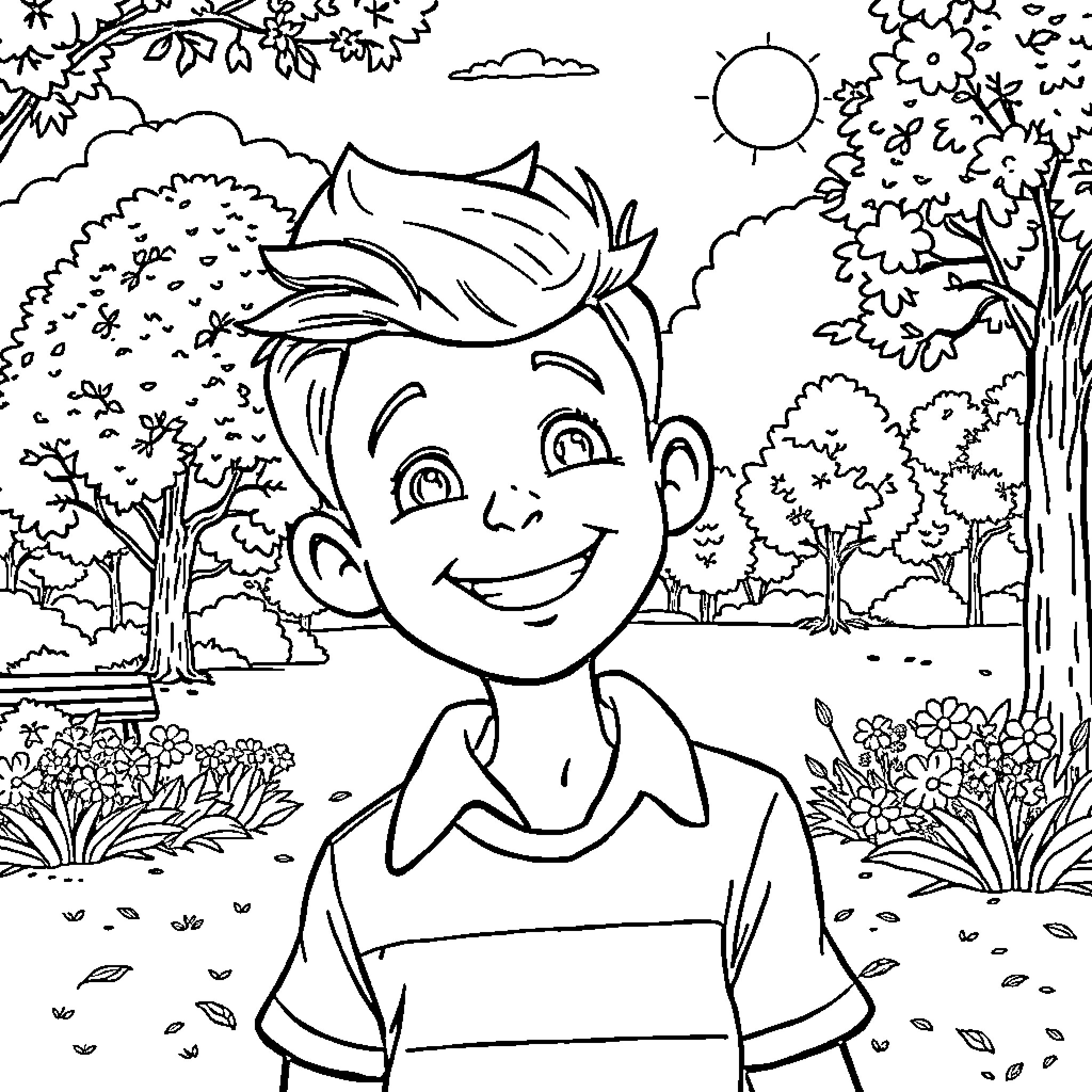 Ben enjoys a sunny day in the outdoor park Coloring Page (free black-and-white line drawing printable PDF for all, from beginners to advanced learners, including children, teens, adults, and seniors)