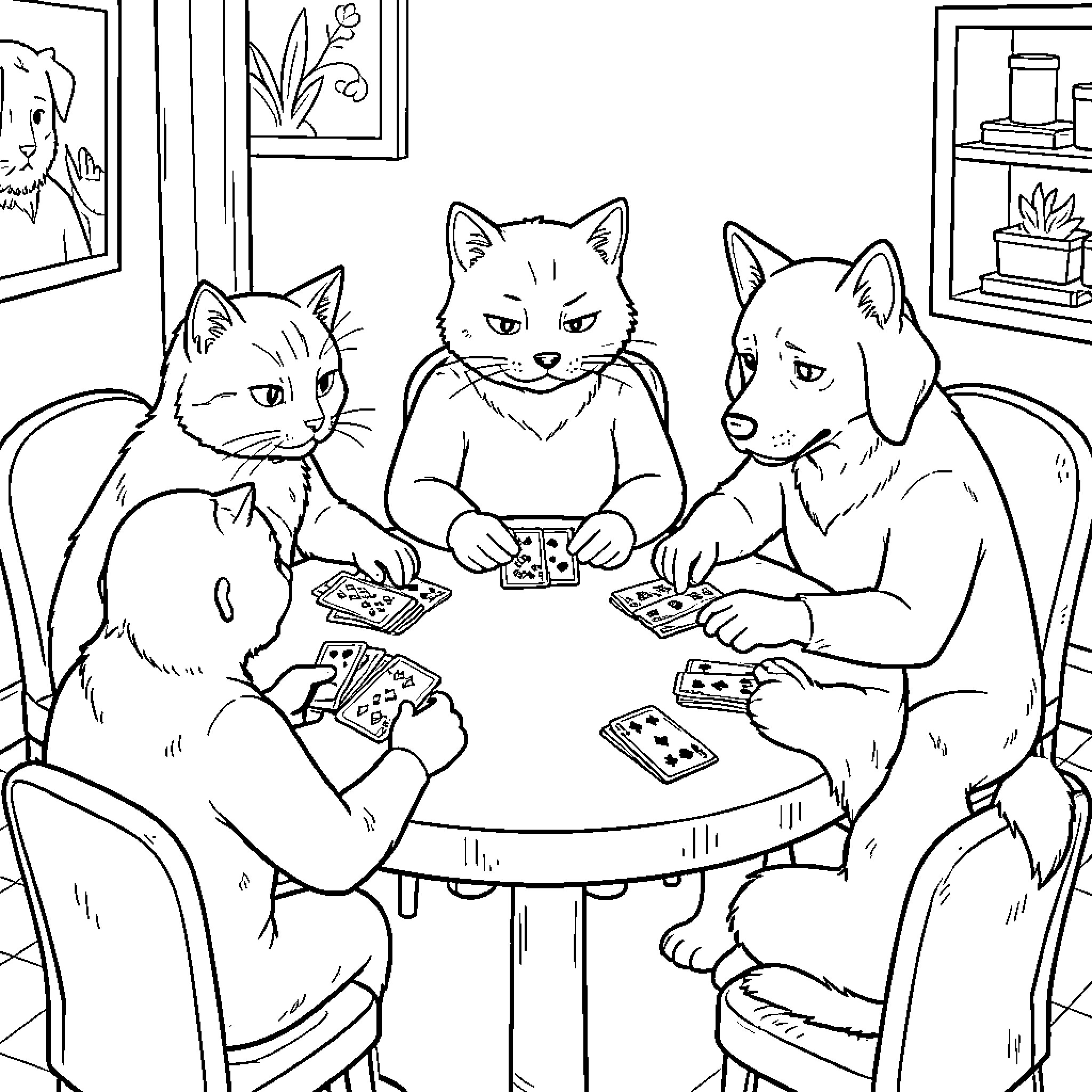 Cat and Dog playing a card game together Coloring Page (free black-and-white line drawing printable PDF for all, from beginners to advanced learners, including children, teens, adults, and seniors)